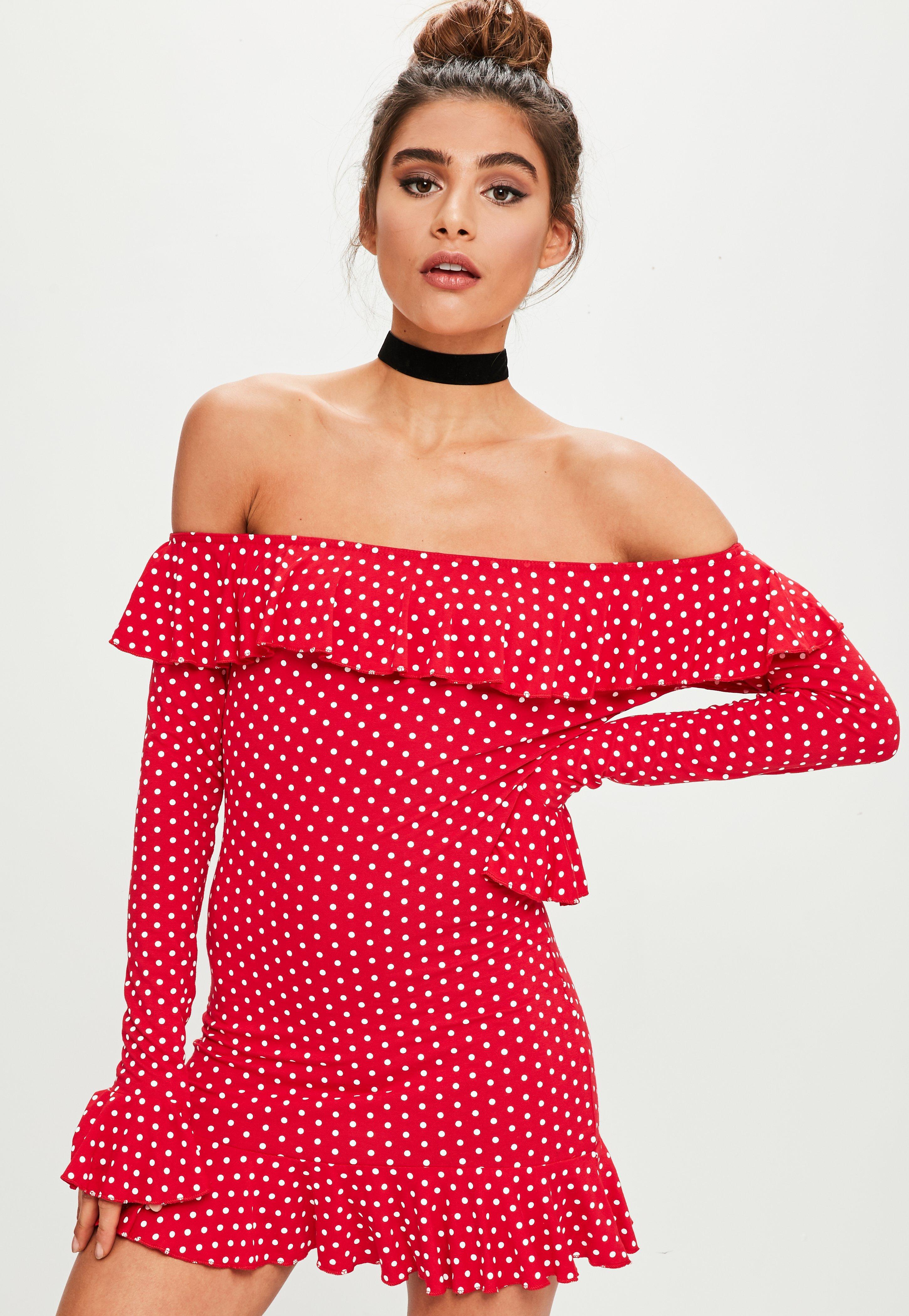 Lyst - Missguided Red Polka Dot Frill Sleeve Bardot Shift Dress in Red