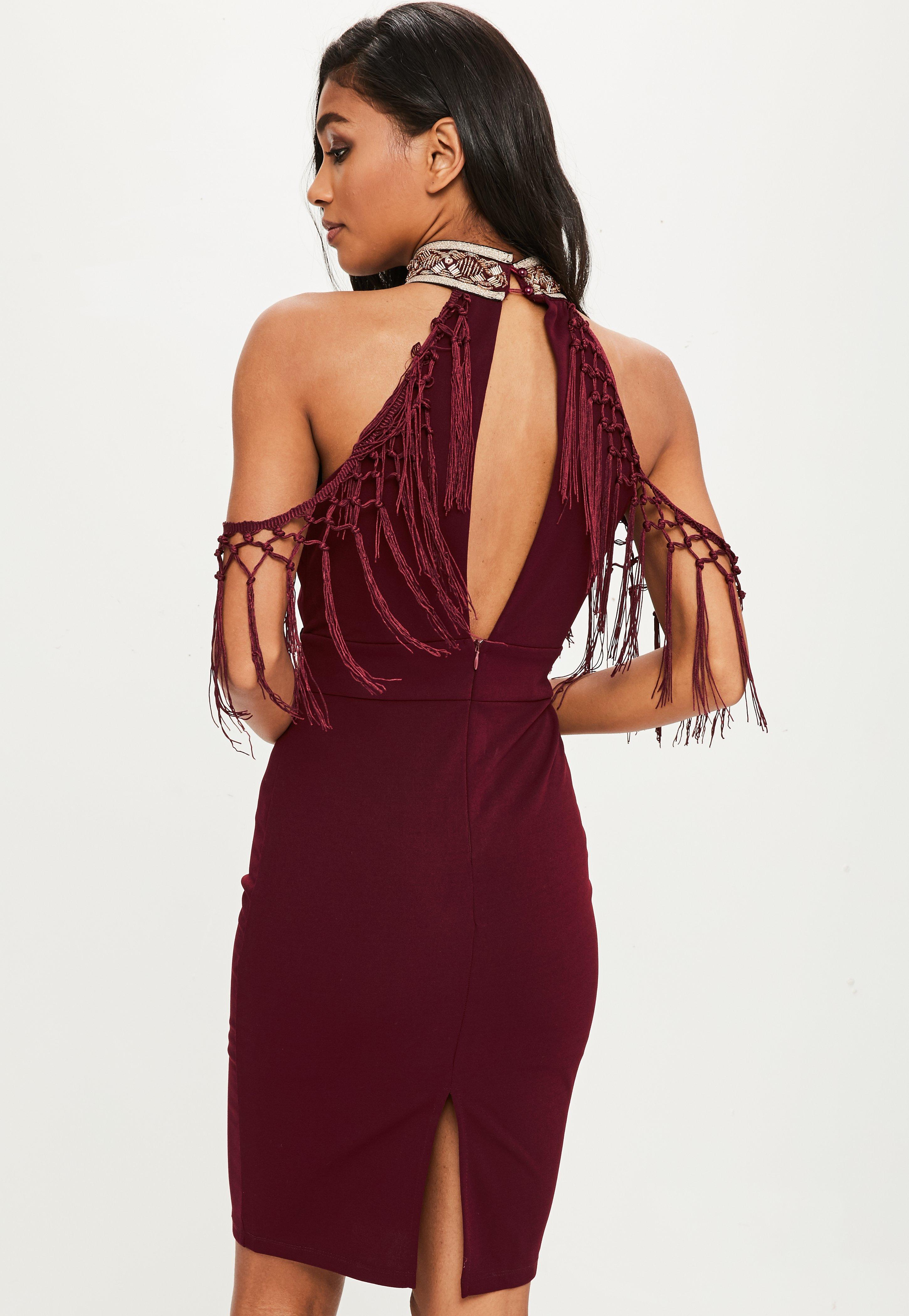 Lyst Missguided Burgundy Tassel Embroidered Halterneck Dress in Red