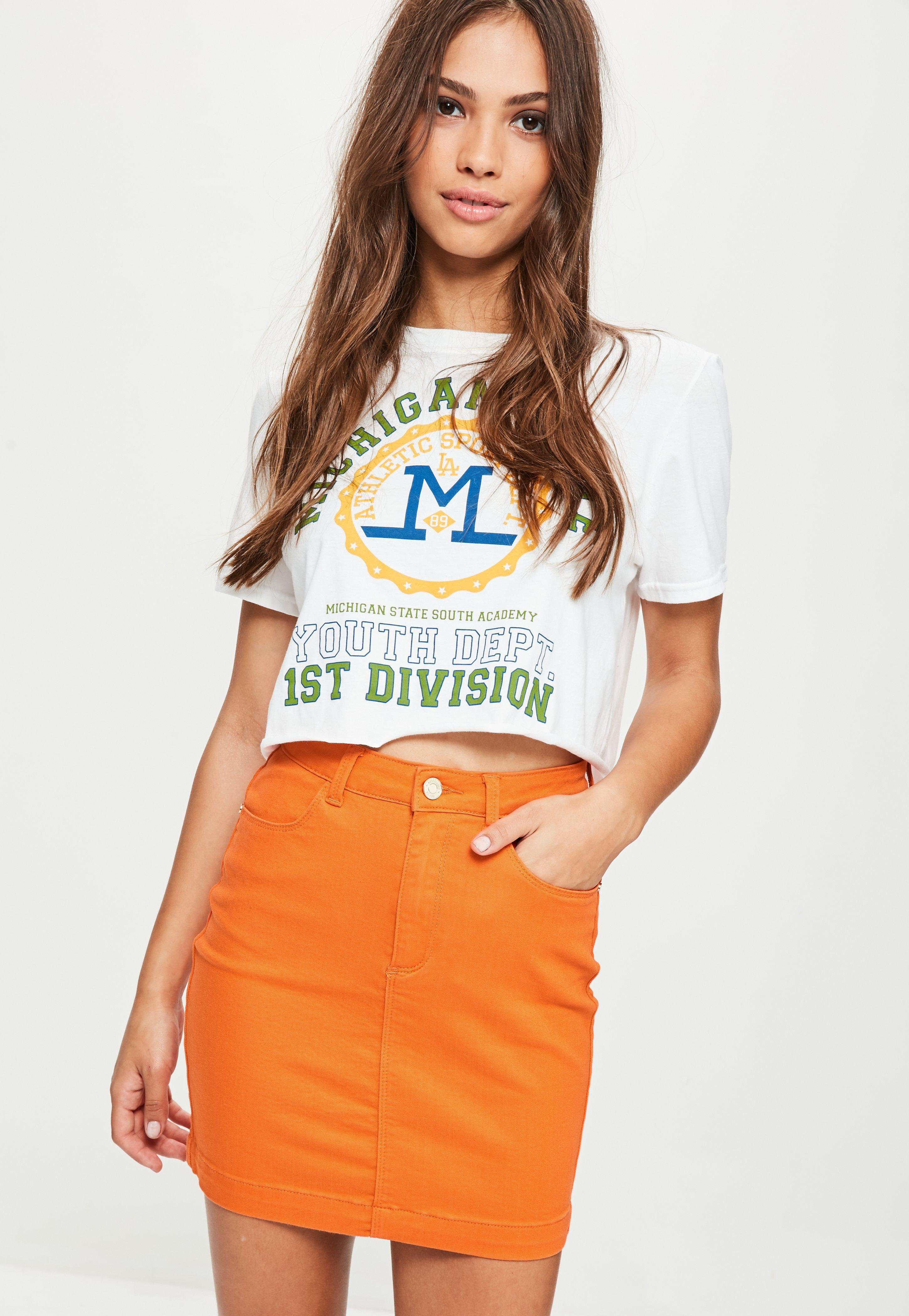 orange denim skirt