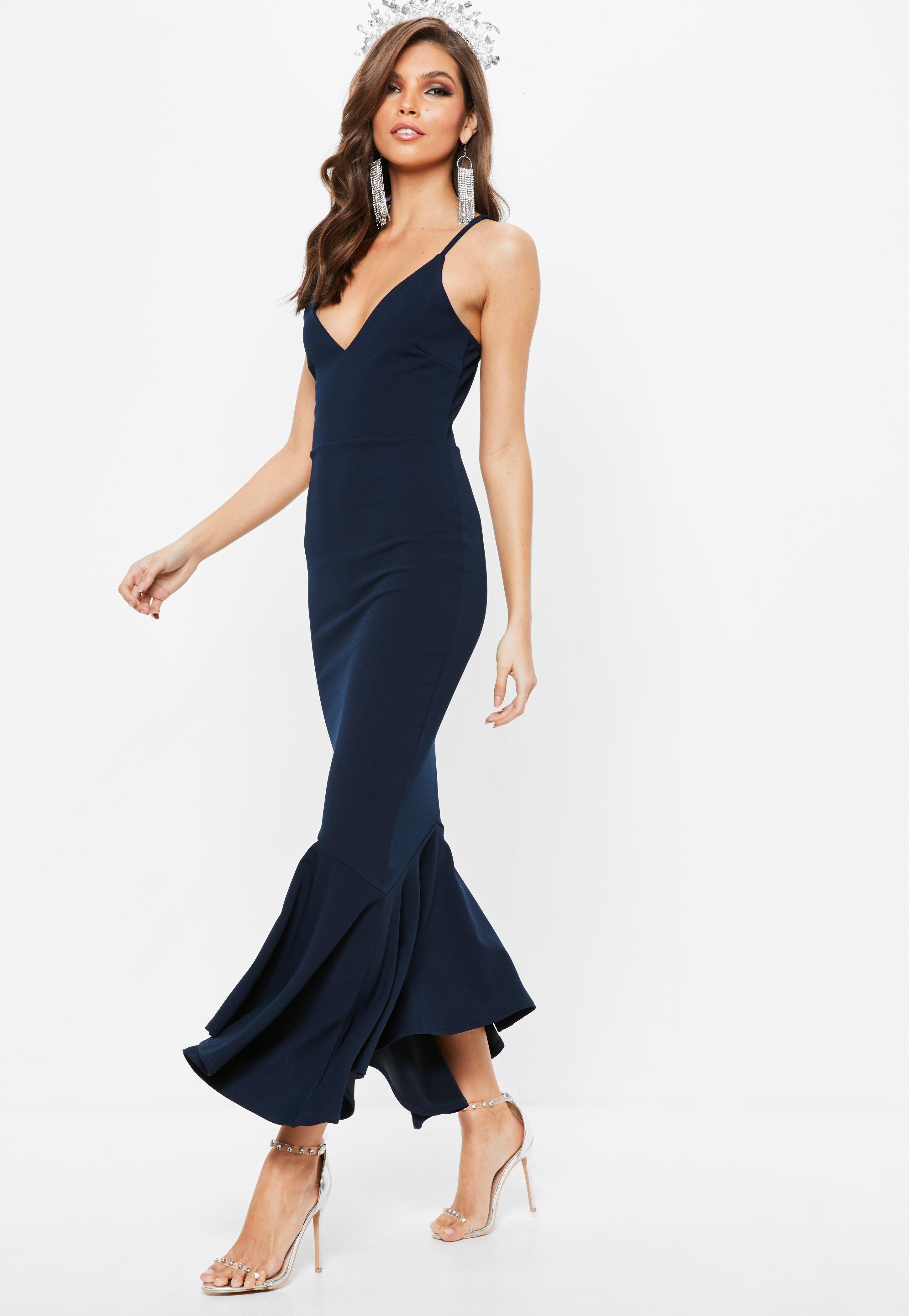 navy plunge maxi dress