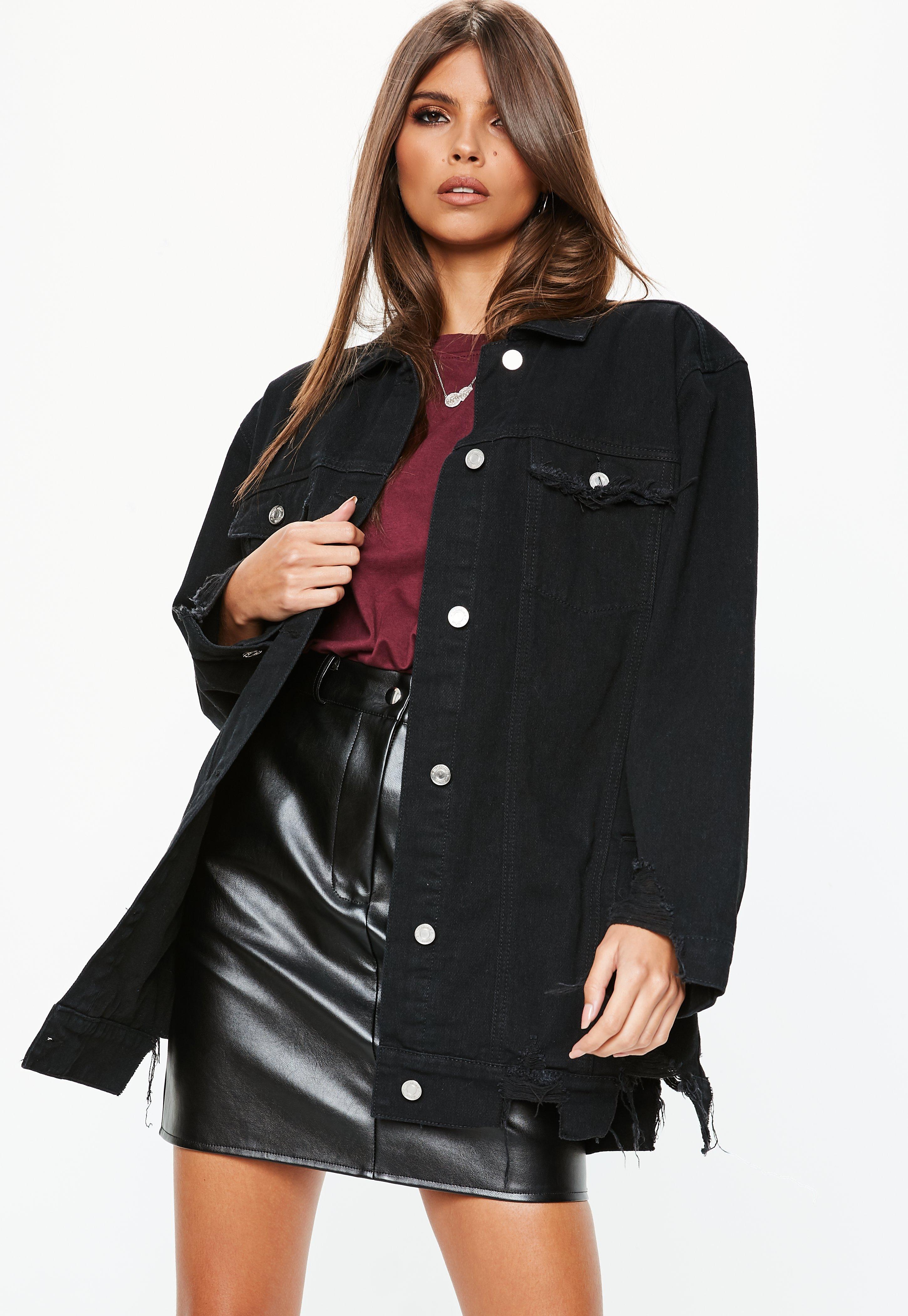 black oversized distressed denim jacket