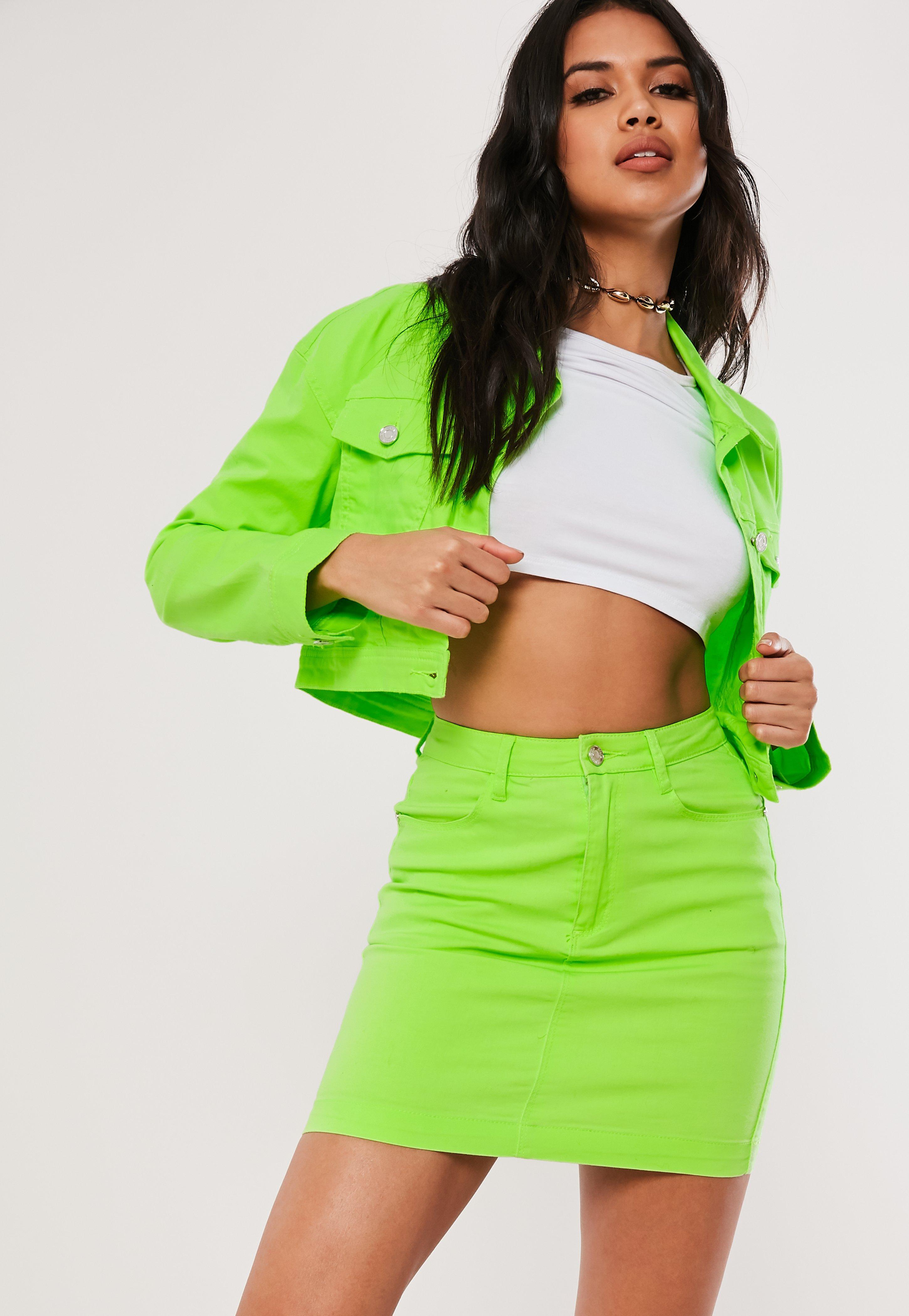 neon green denim skirt