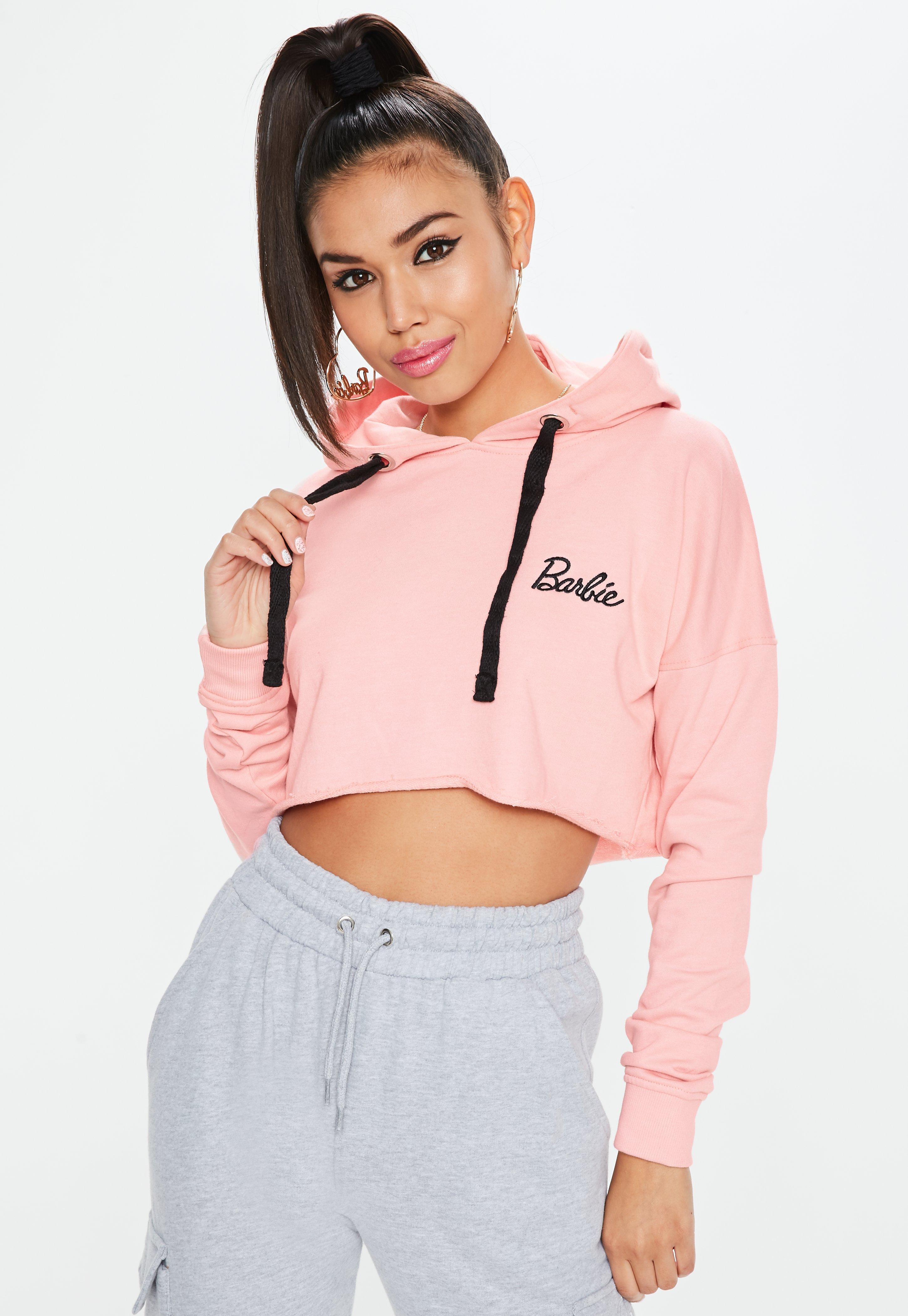 Missguided Synthetic Barbie X Pink Logo Hooded Cropped Hoodie | Lyst UK