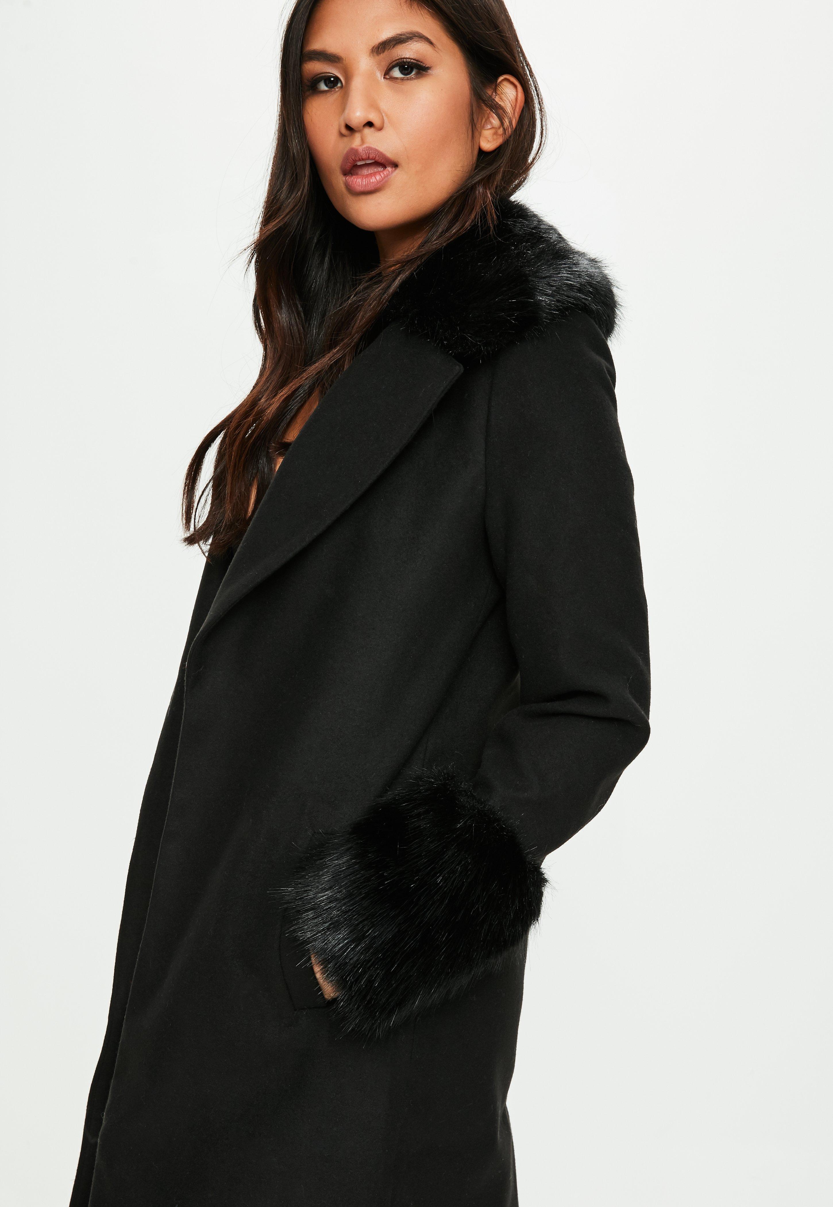Missguided Black Formal Coat With Fur Collar And Cuff - Lyst
