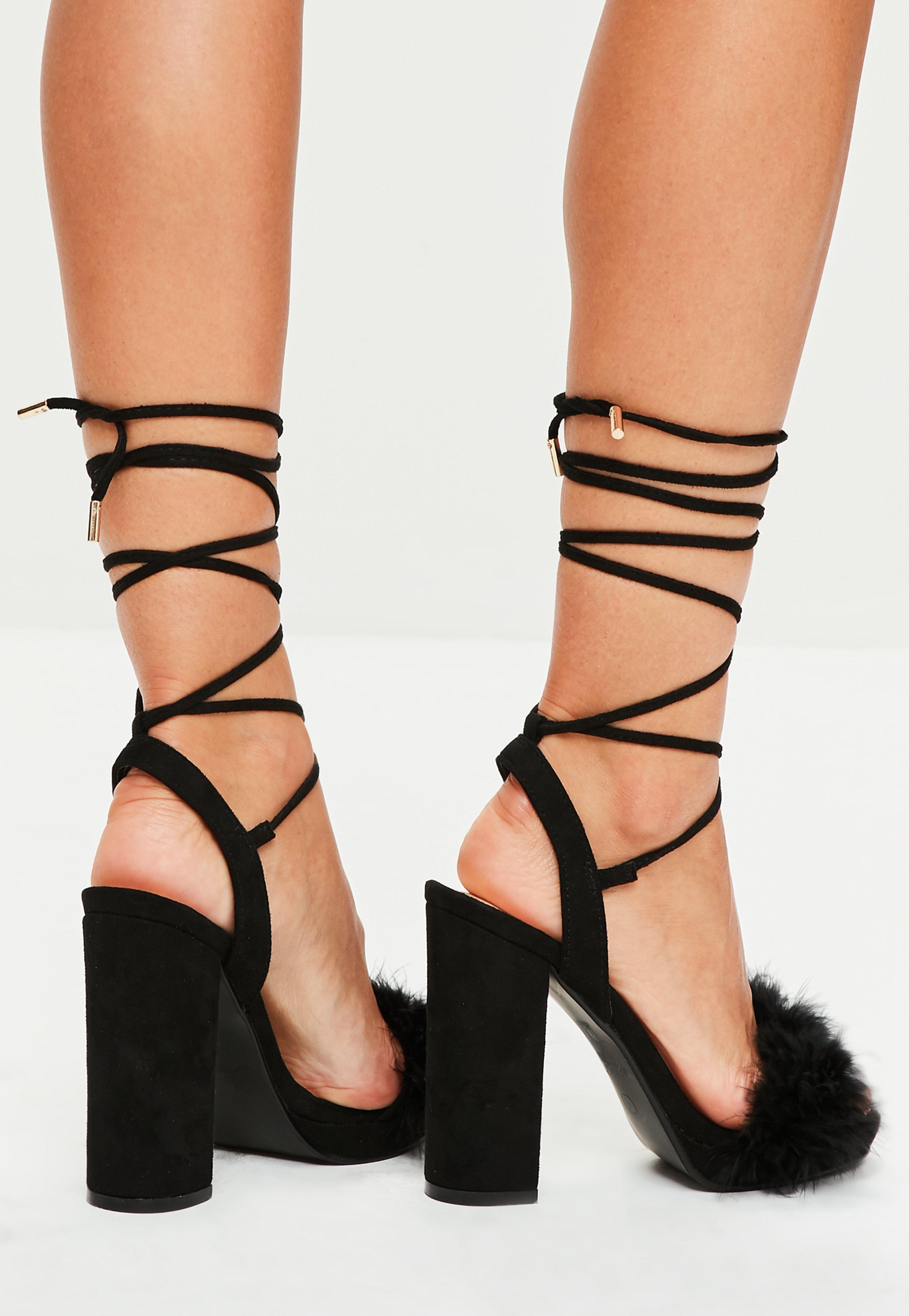 black feather block heels