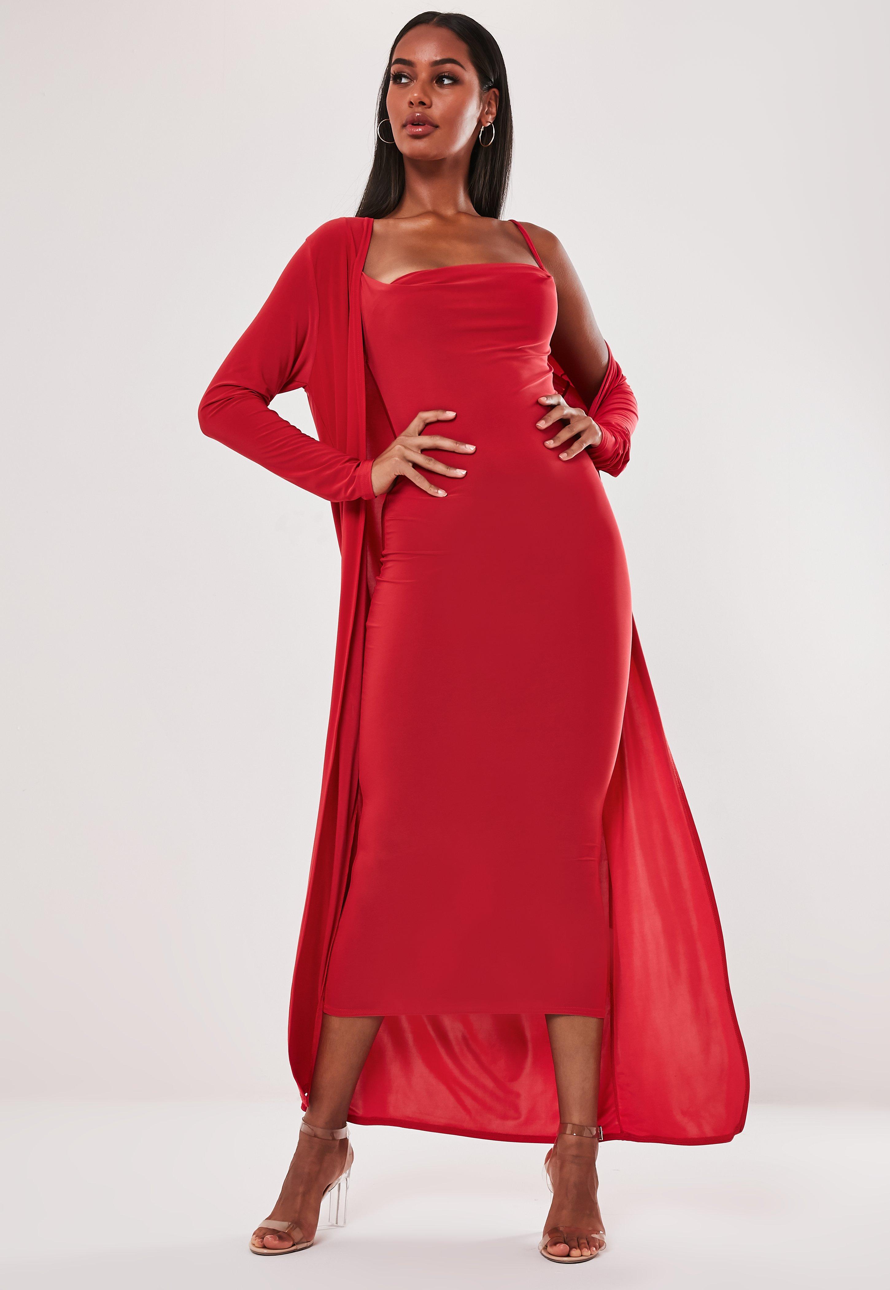 red strappy tie waist fishtail midi dress