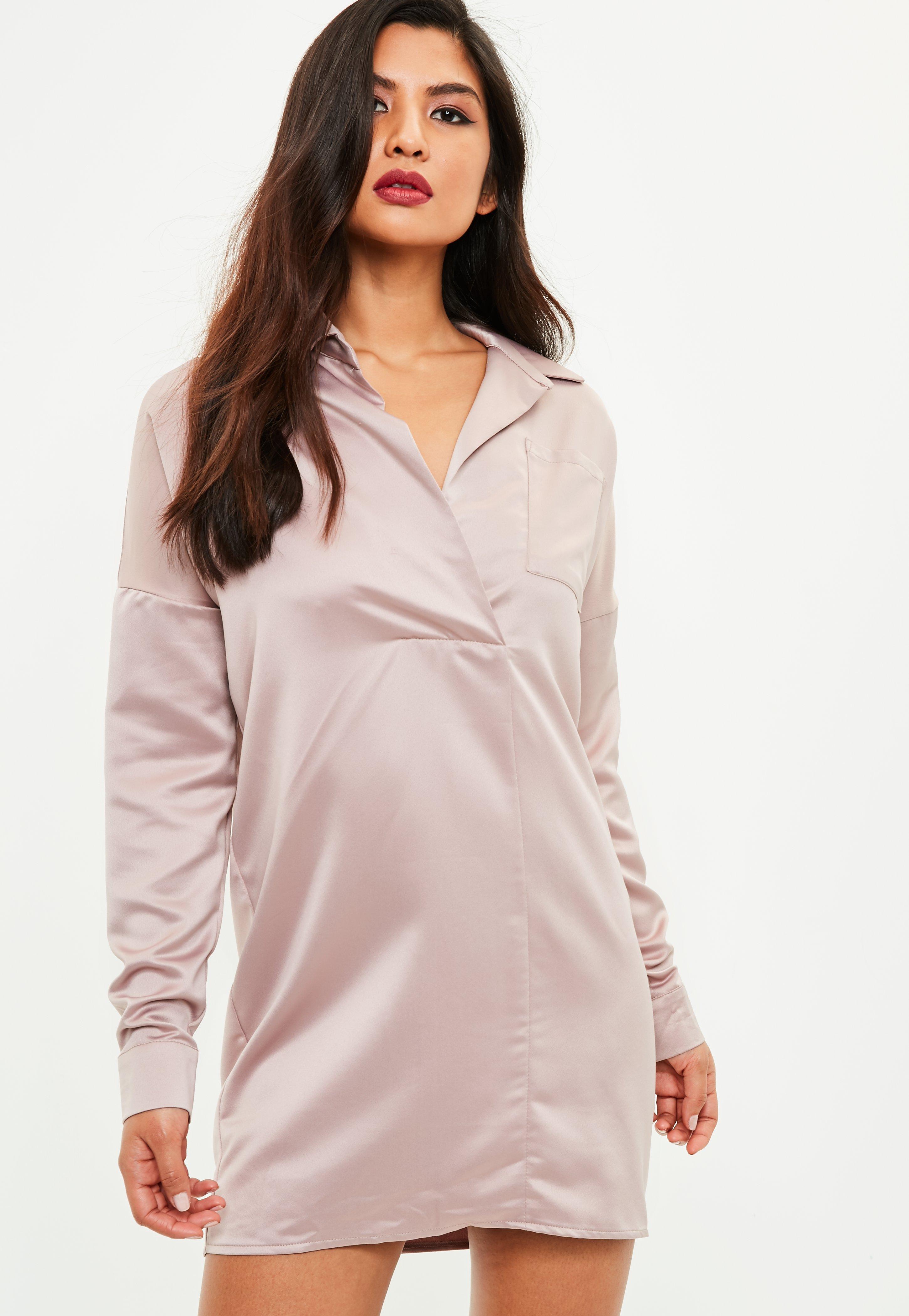 pink satin shirt dress