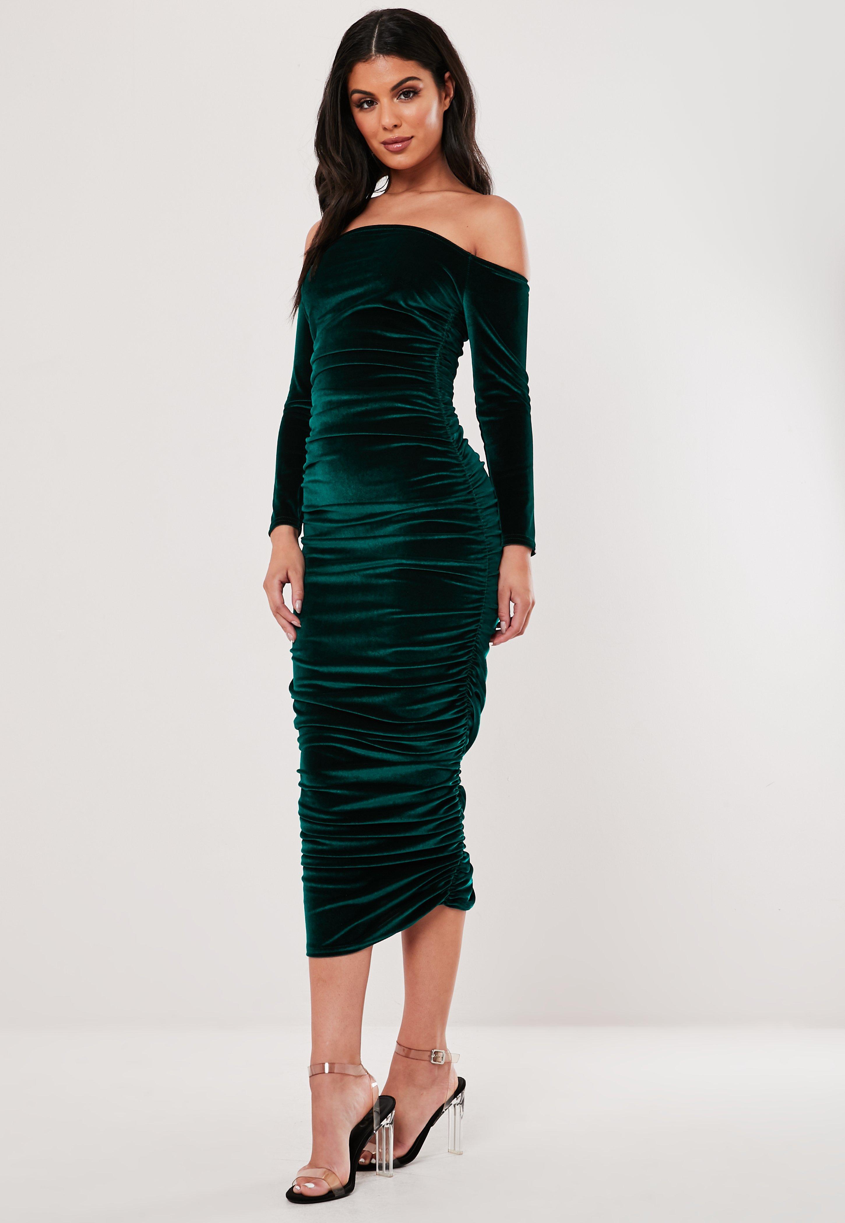 velvet bardot midi dress
