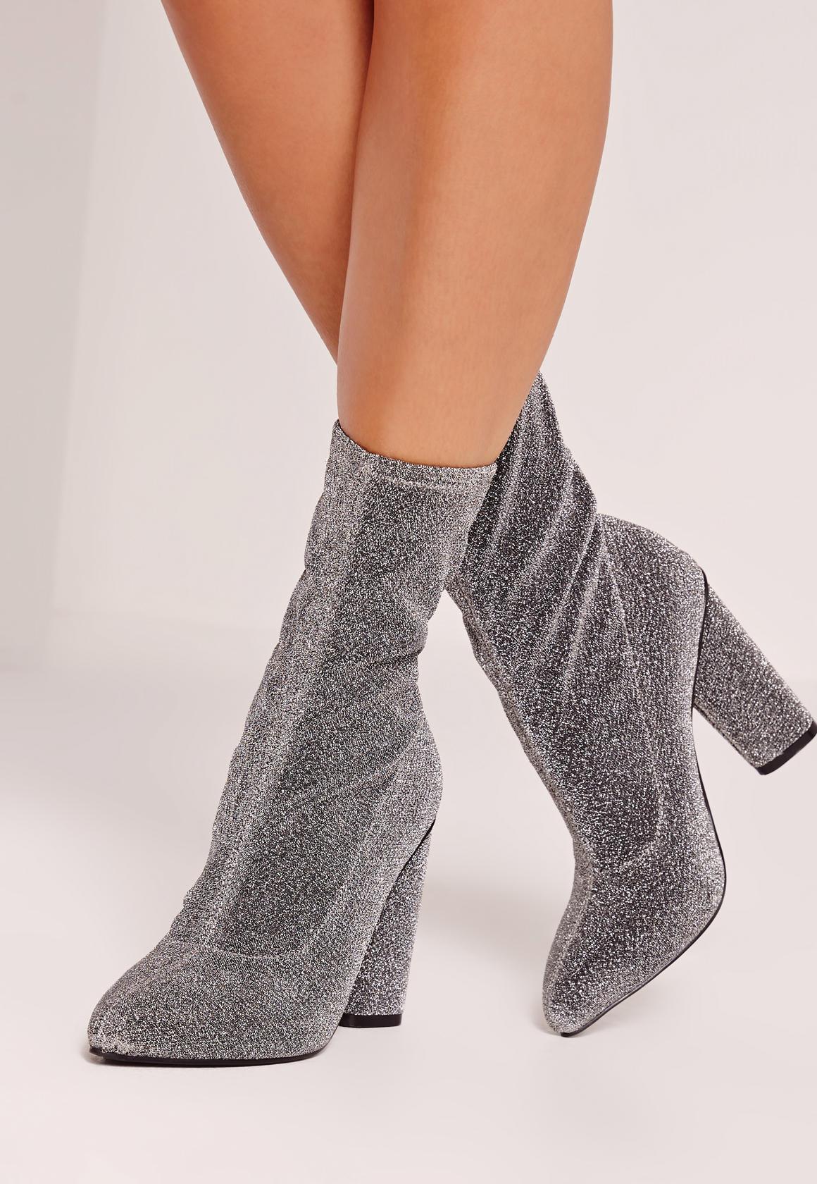 Missguided Glitter Sock Boots Silver in 