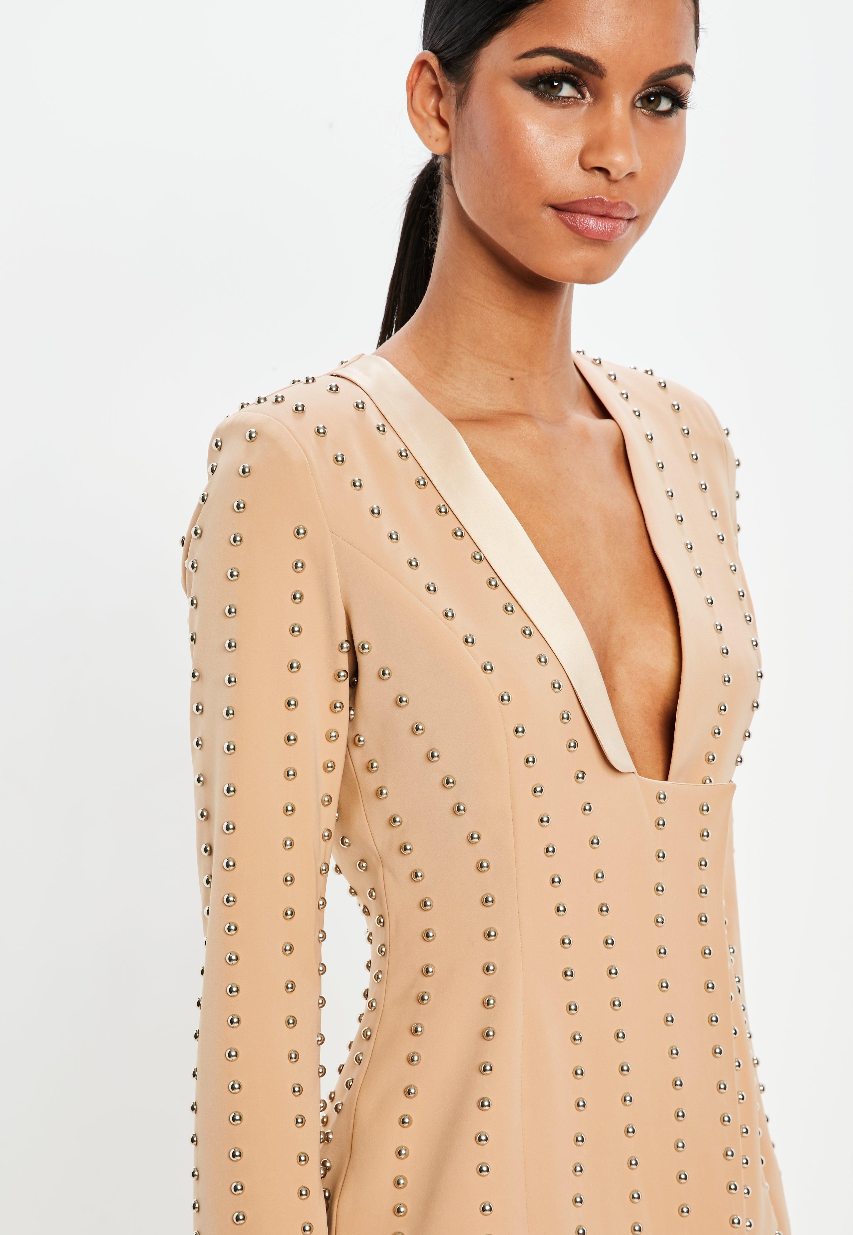 Missguided Synthetic Peace + Love Nude Studded Blazer 