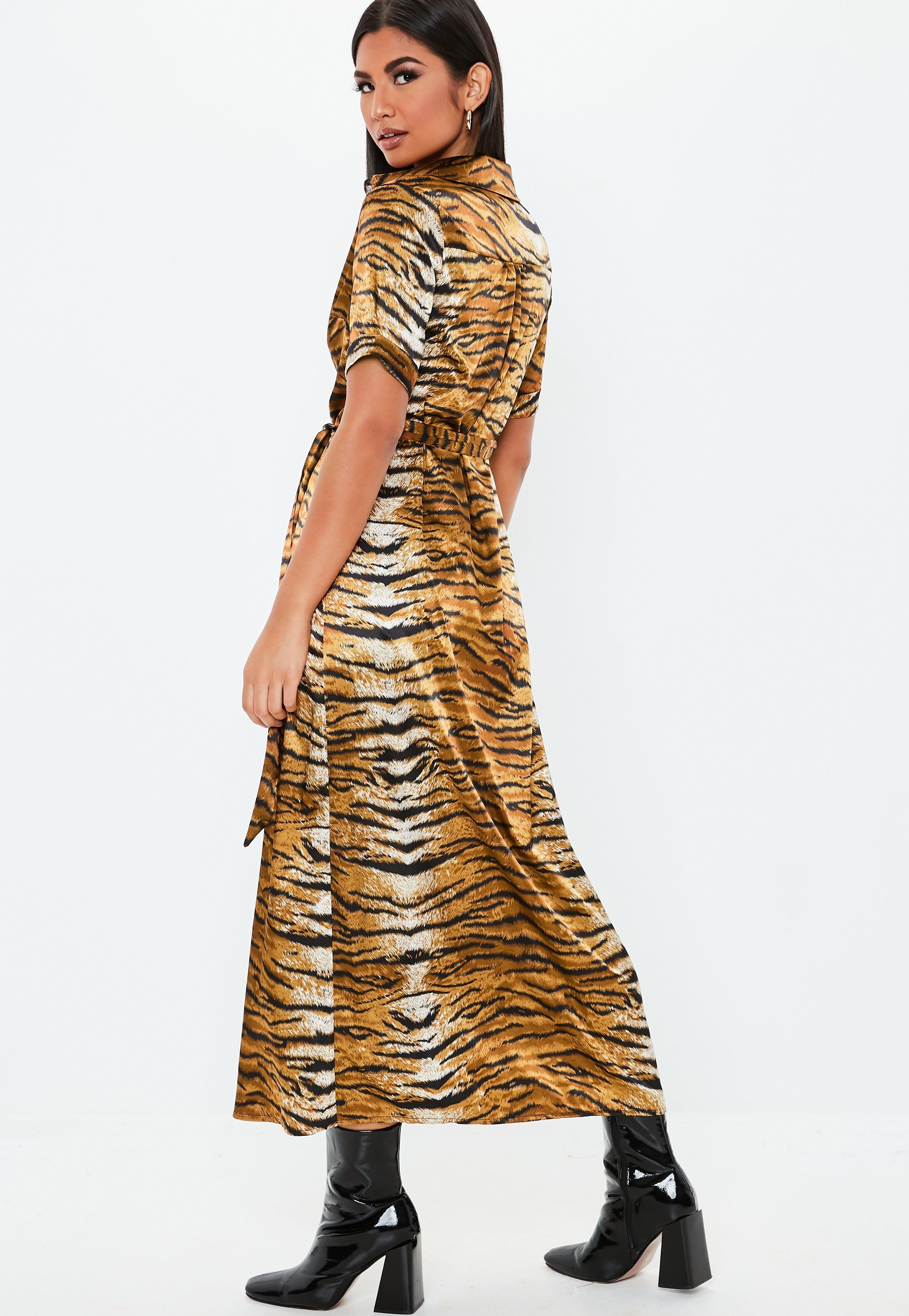Missguided Satin Gold Tiger Print Midaxi Shirt Dress in Metallic - Lyst