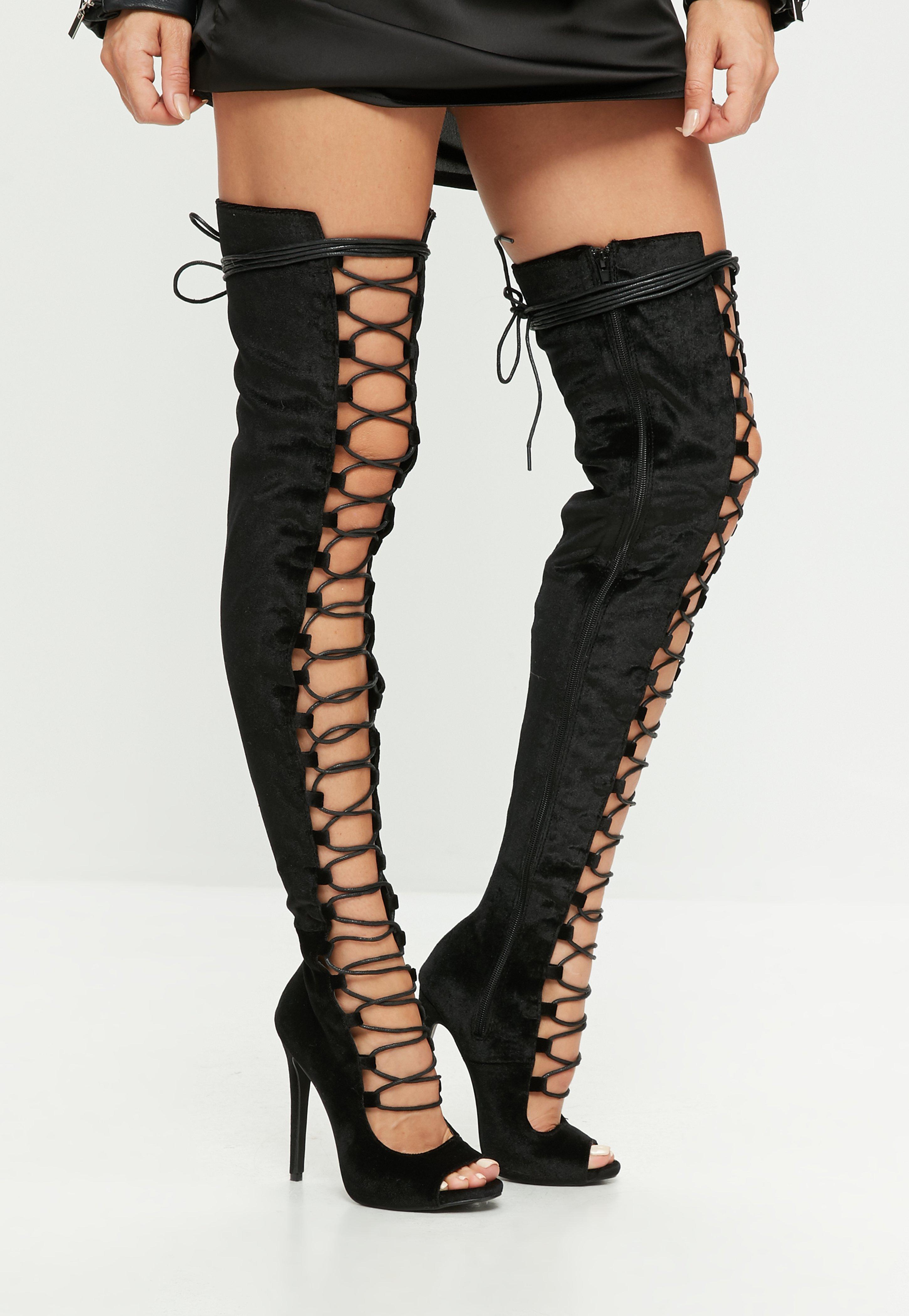Black Lace Up Peep Toe Thigh High Boots