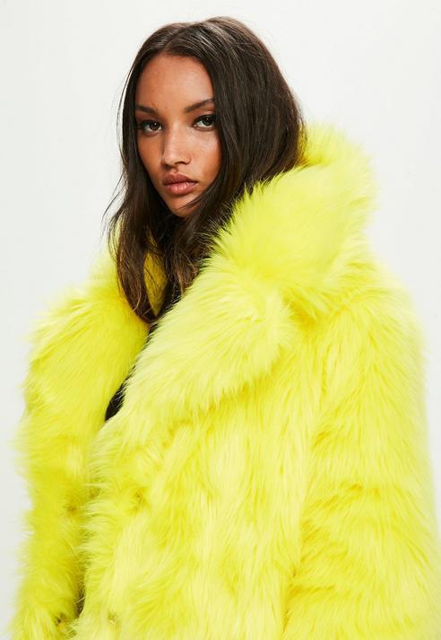 Missguided Yellow Faux Fur Coat With, Yellow Faux Fur Collar Coat