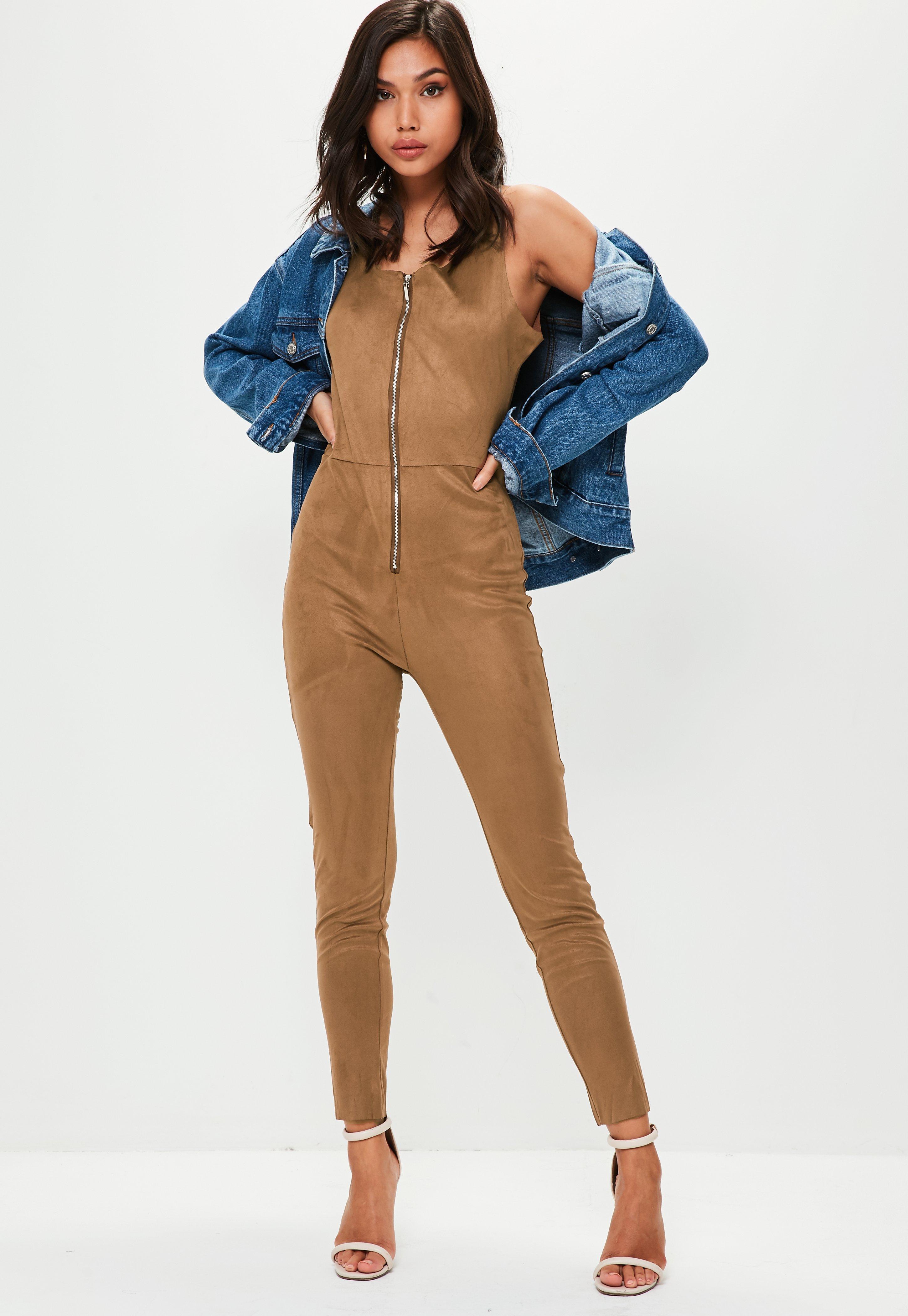 Lyst Missguided Camel Zip Up Faux Suede Jumpsuit in Natural
