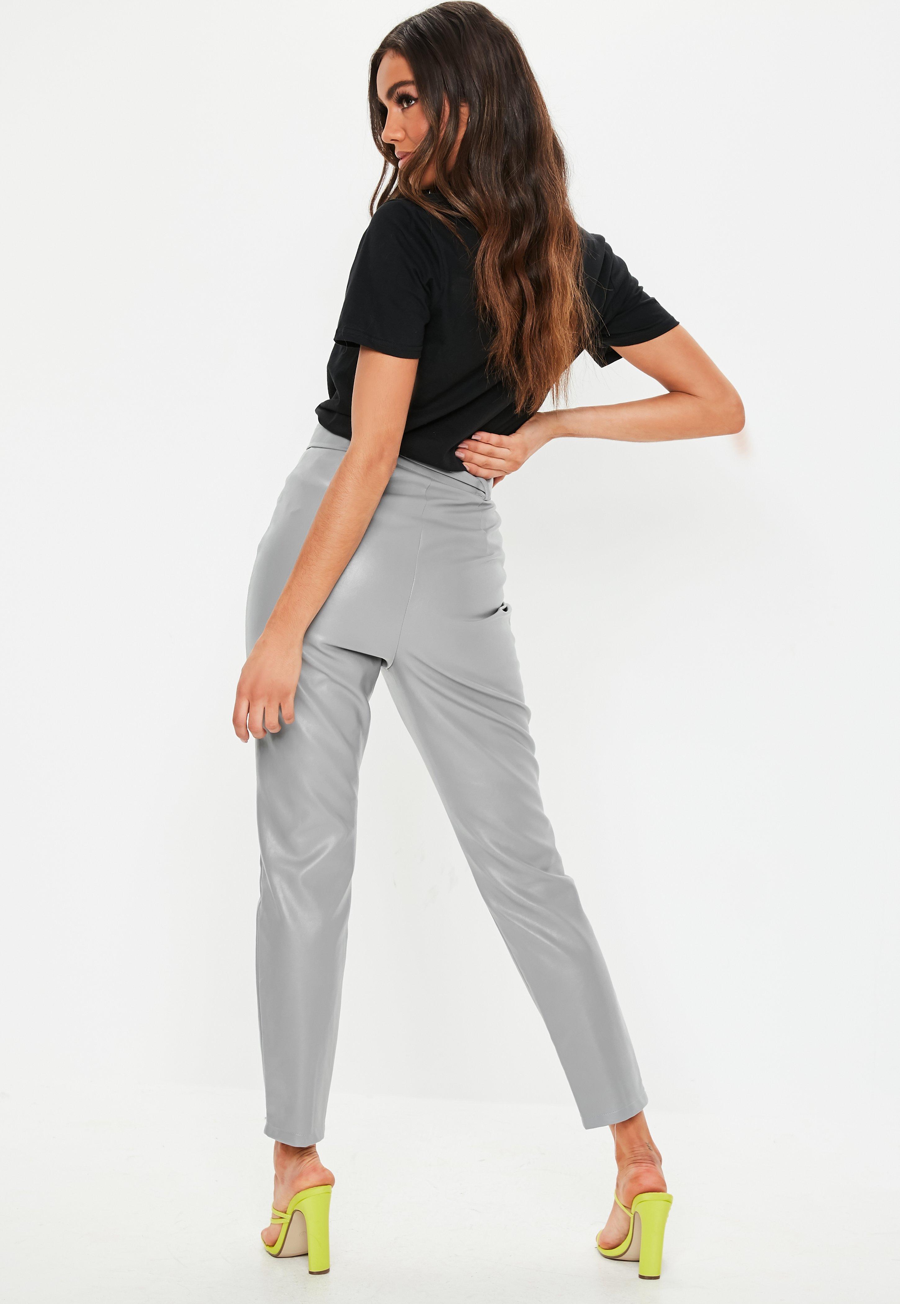 grey faux leather trousers