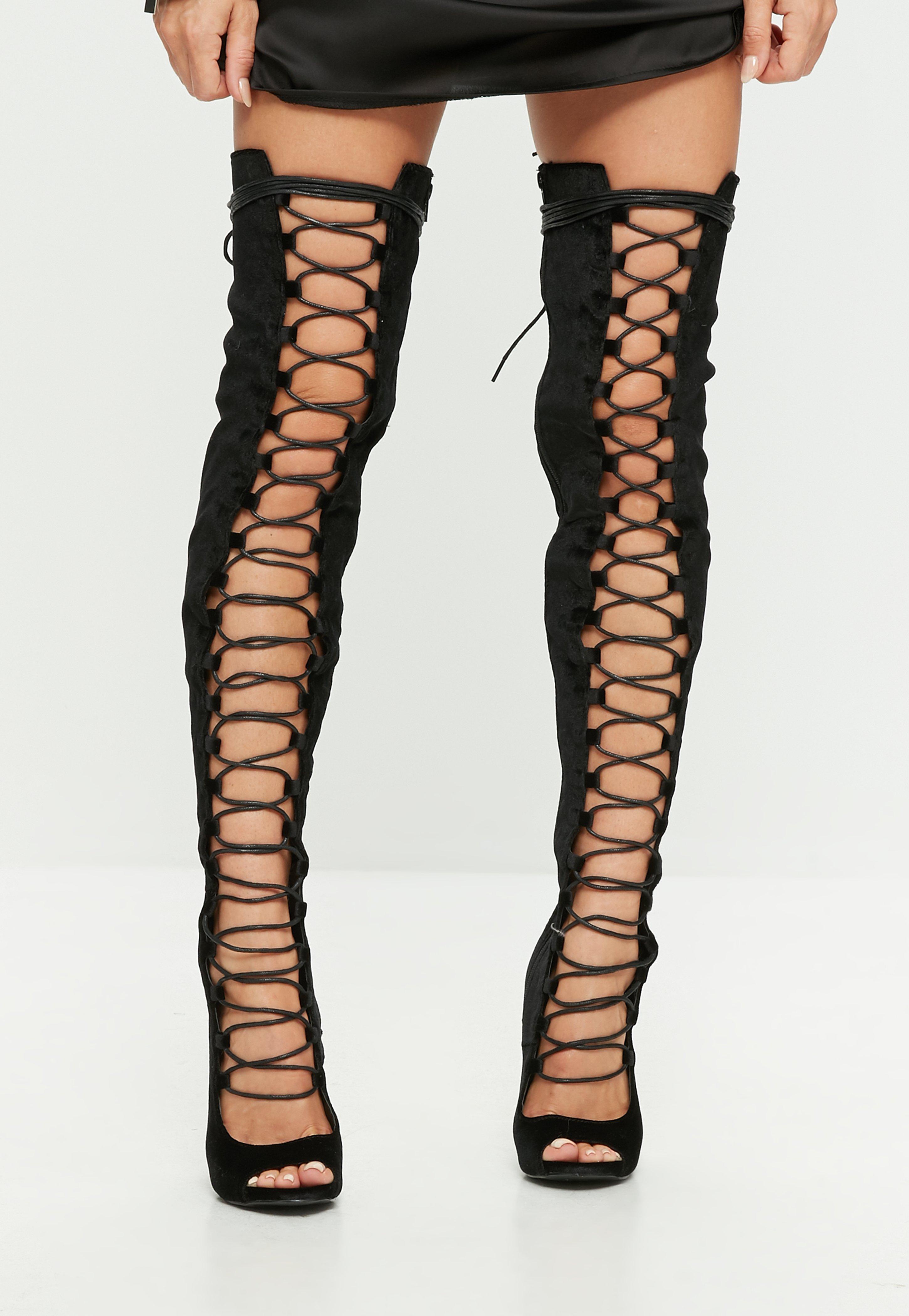 lace up peep toe thigh high boots