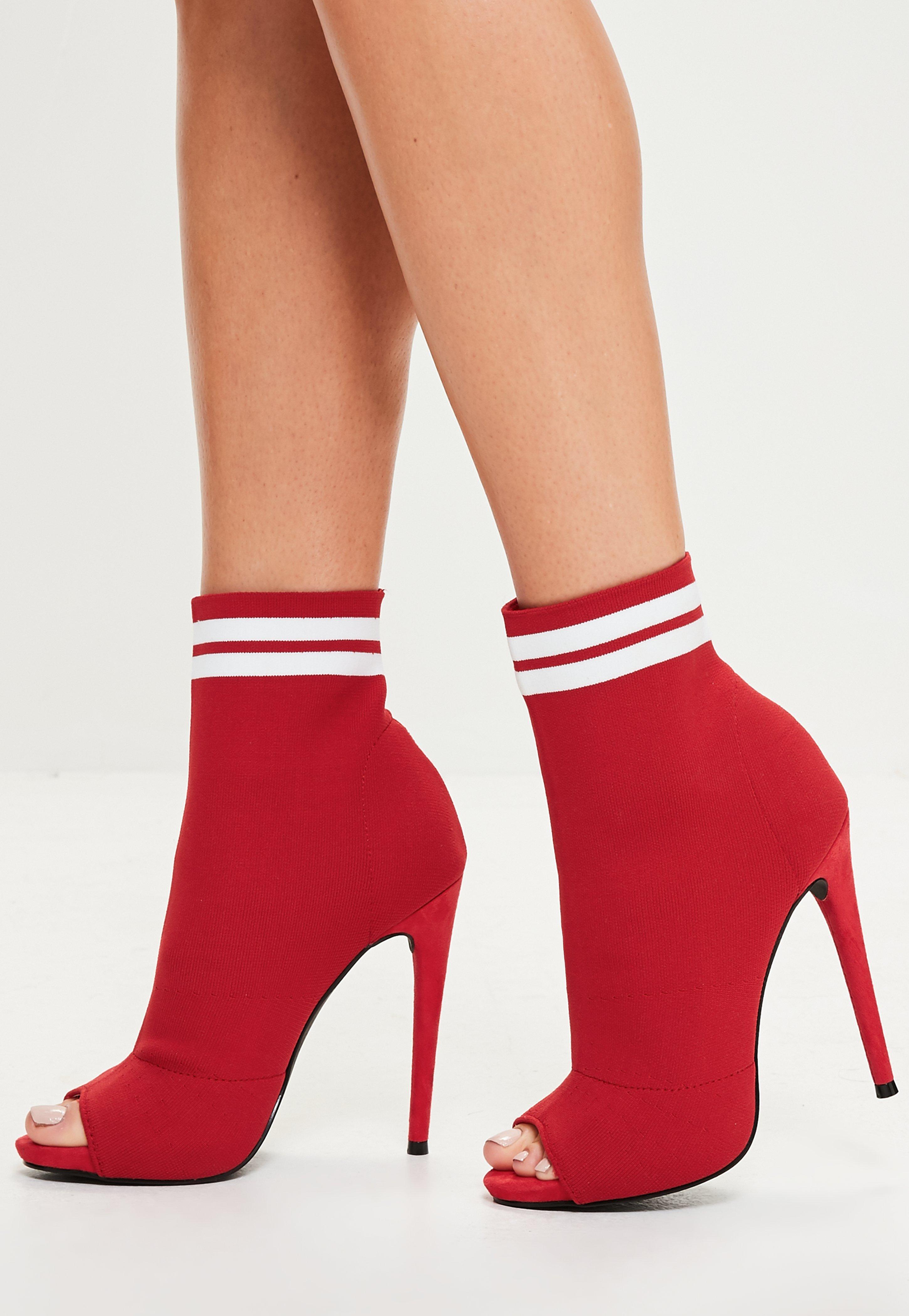 Missguided Red Peep Toe Sock Ankle Boots - Lyst