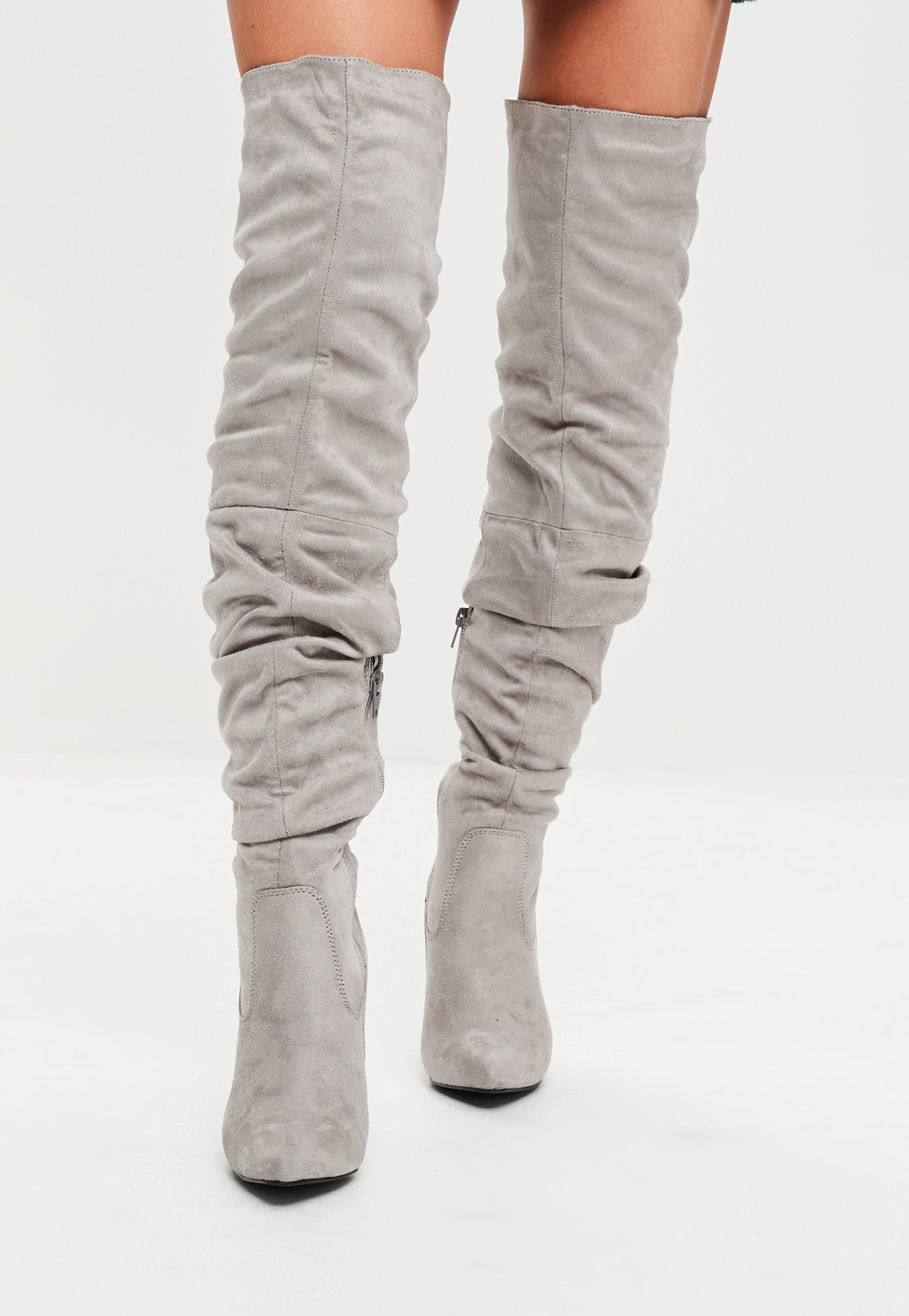 Missguided Grey Faux Suede Over The Knee Ruched Boots in Gray - Lyst
