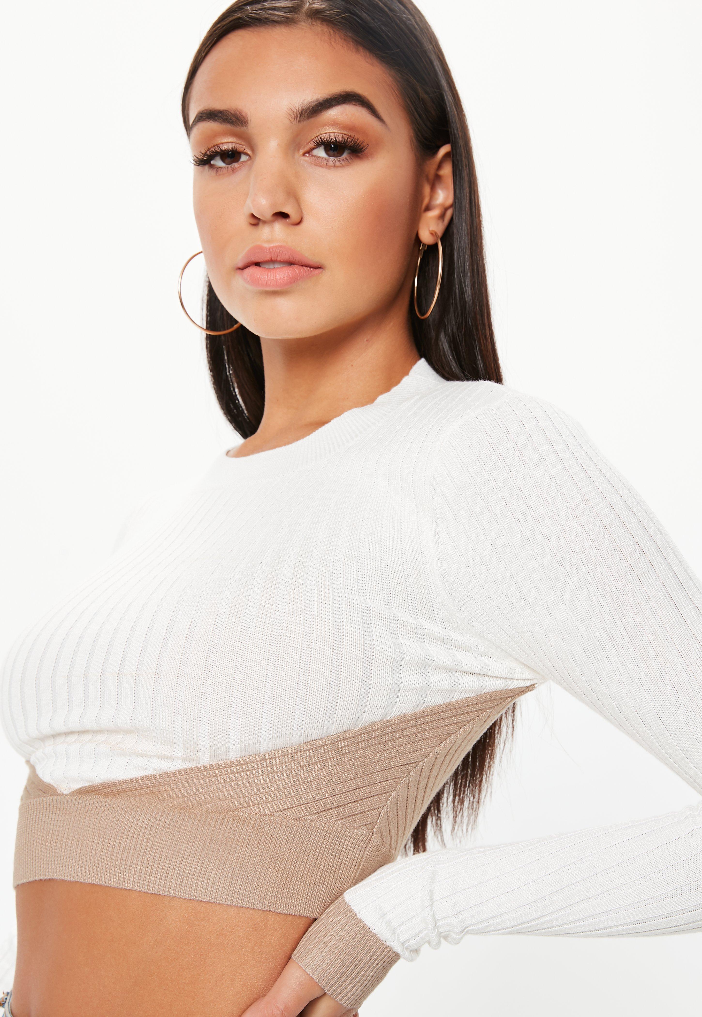 Missguided Synthetic Cream Colourblock High Neck Knitted Crop Top - Lyst