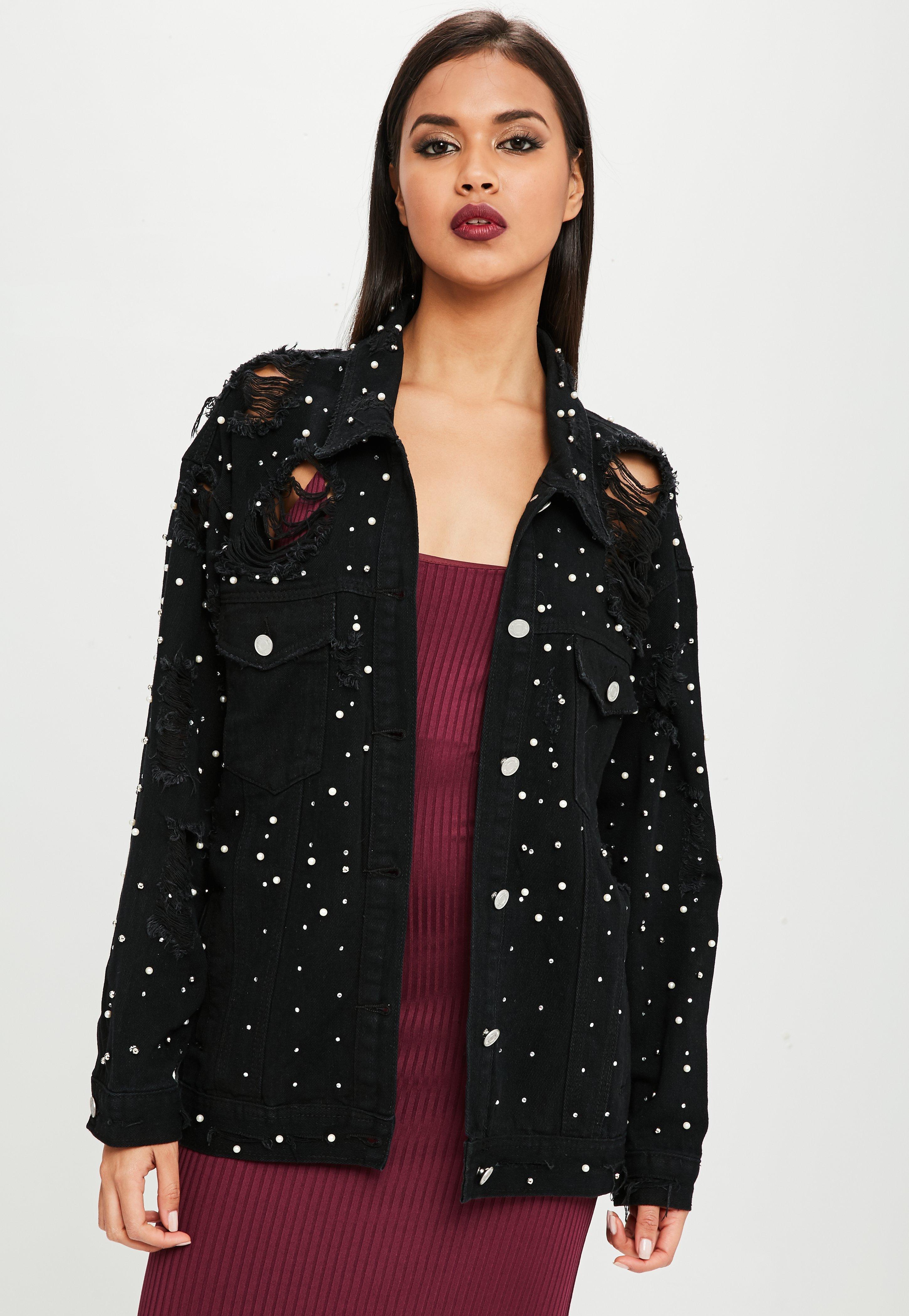 black denim jacket with pearls