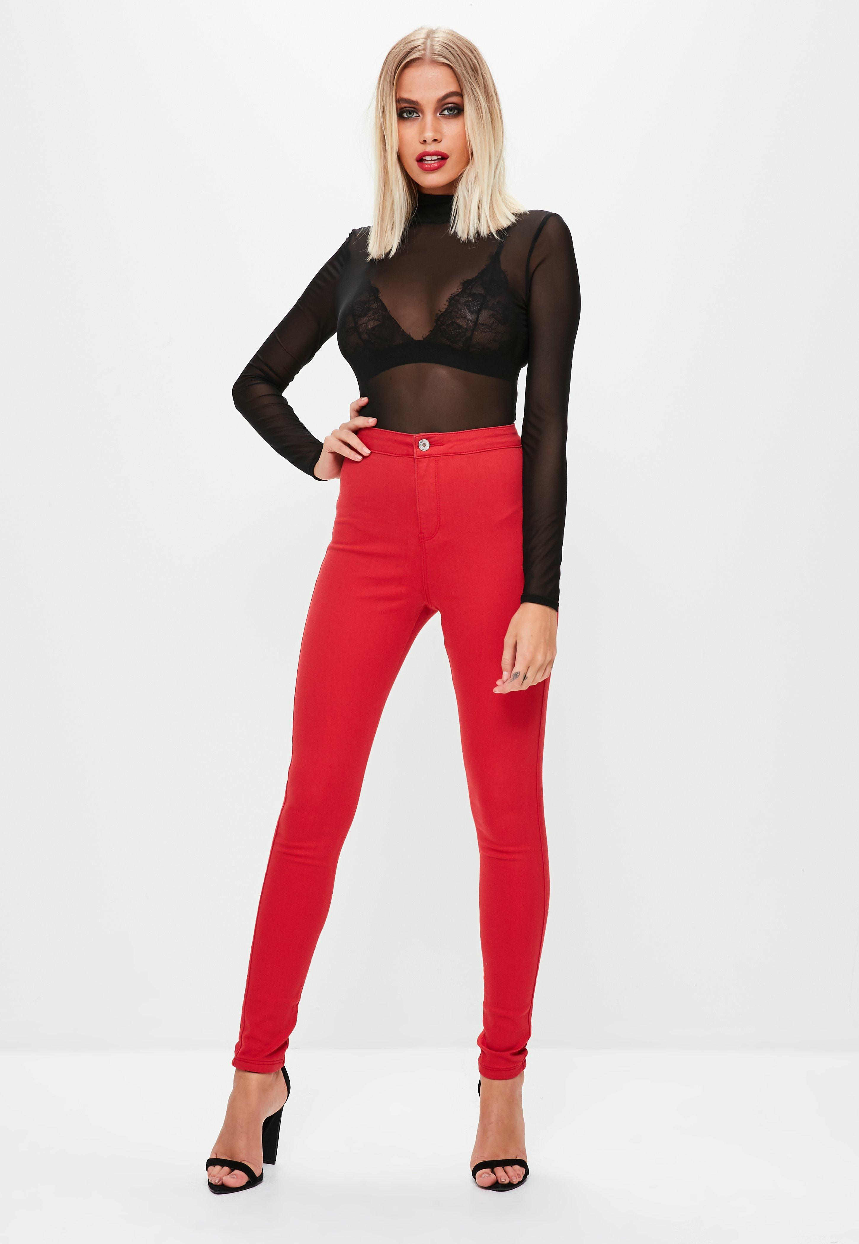 red high waisted skinny jeans