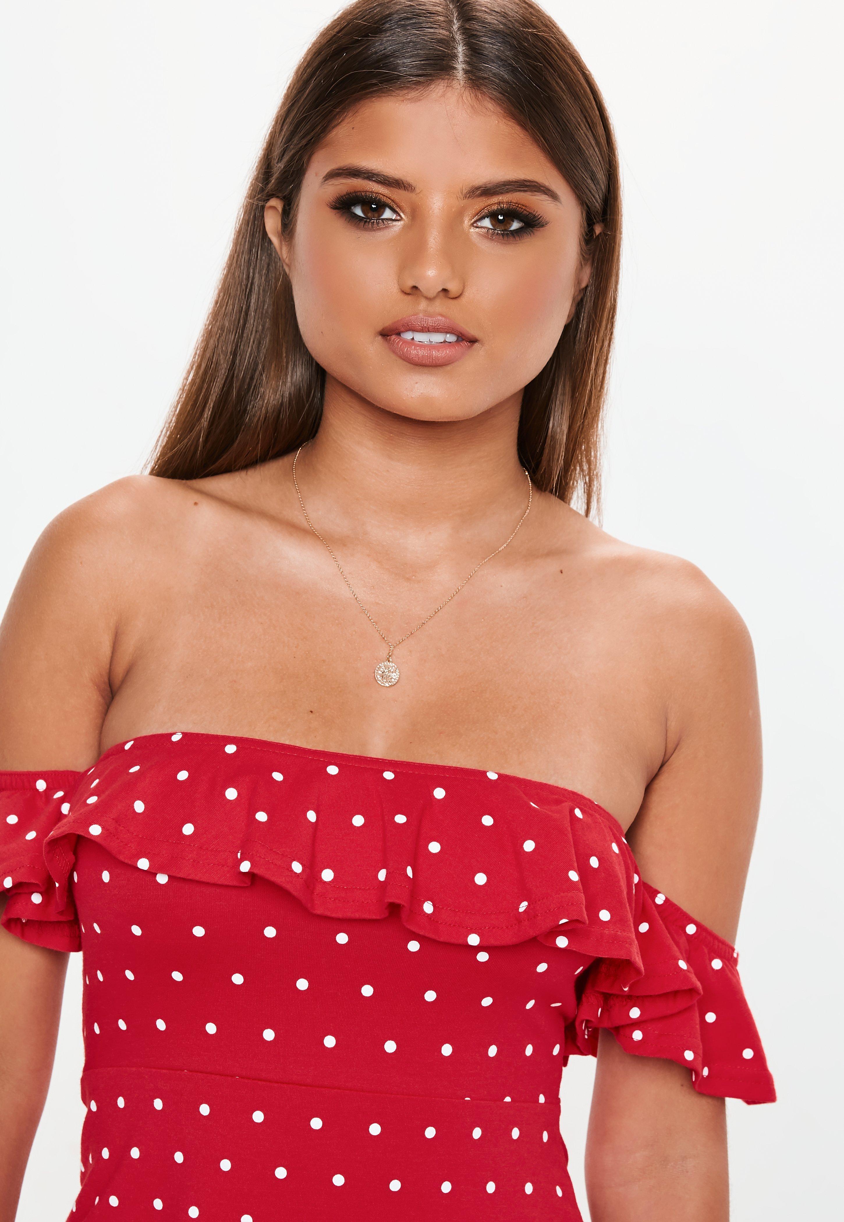 red polka dot bardot top