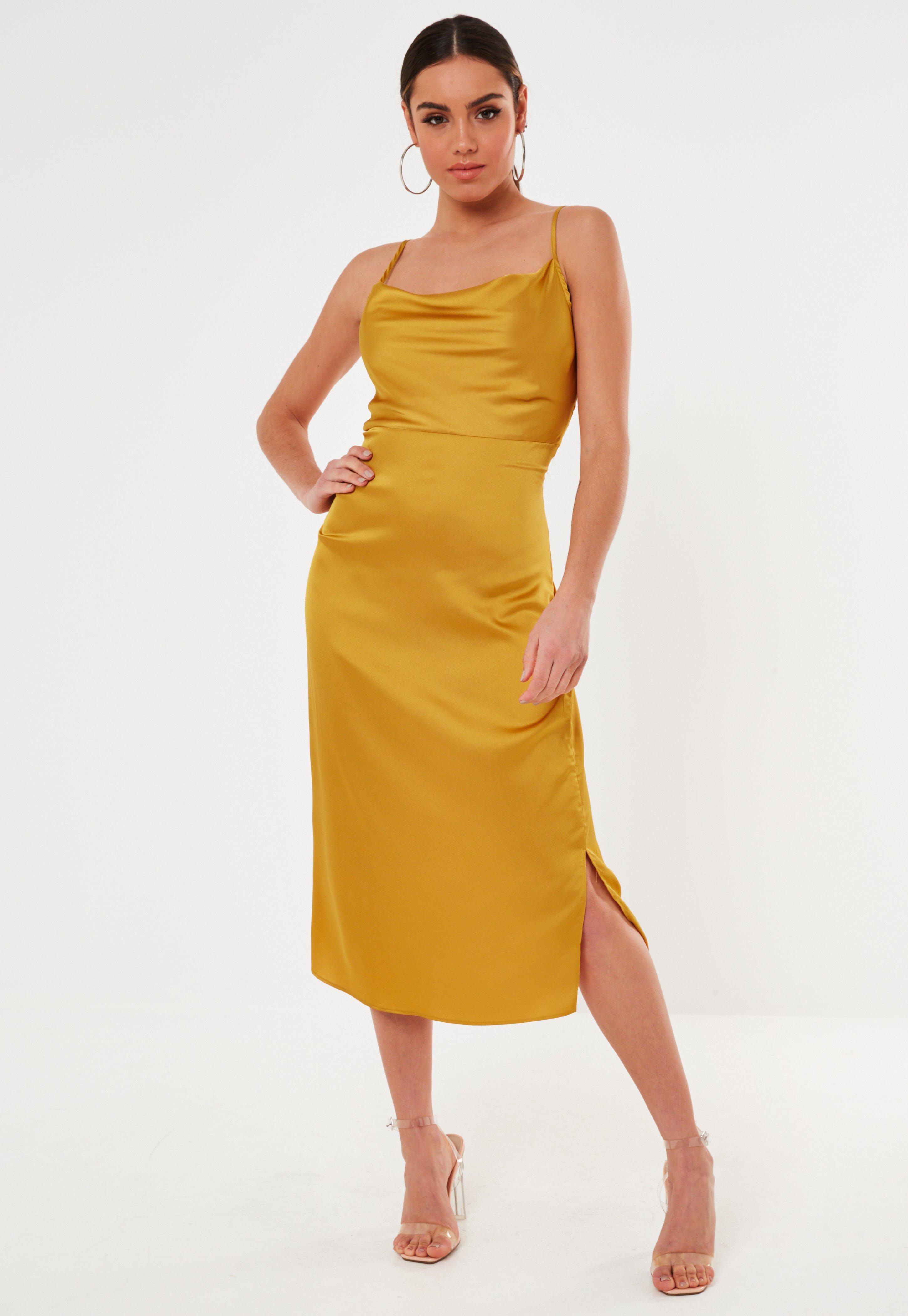 mustard satin midi dress
