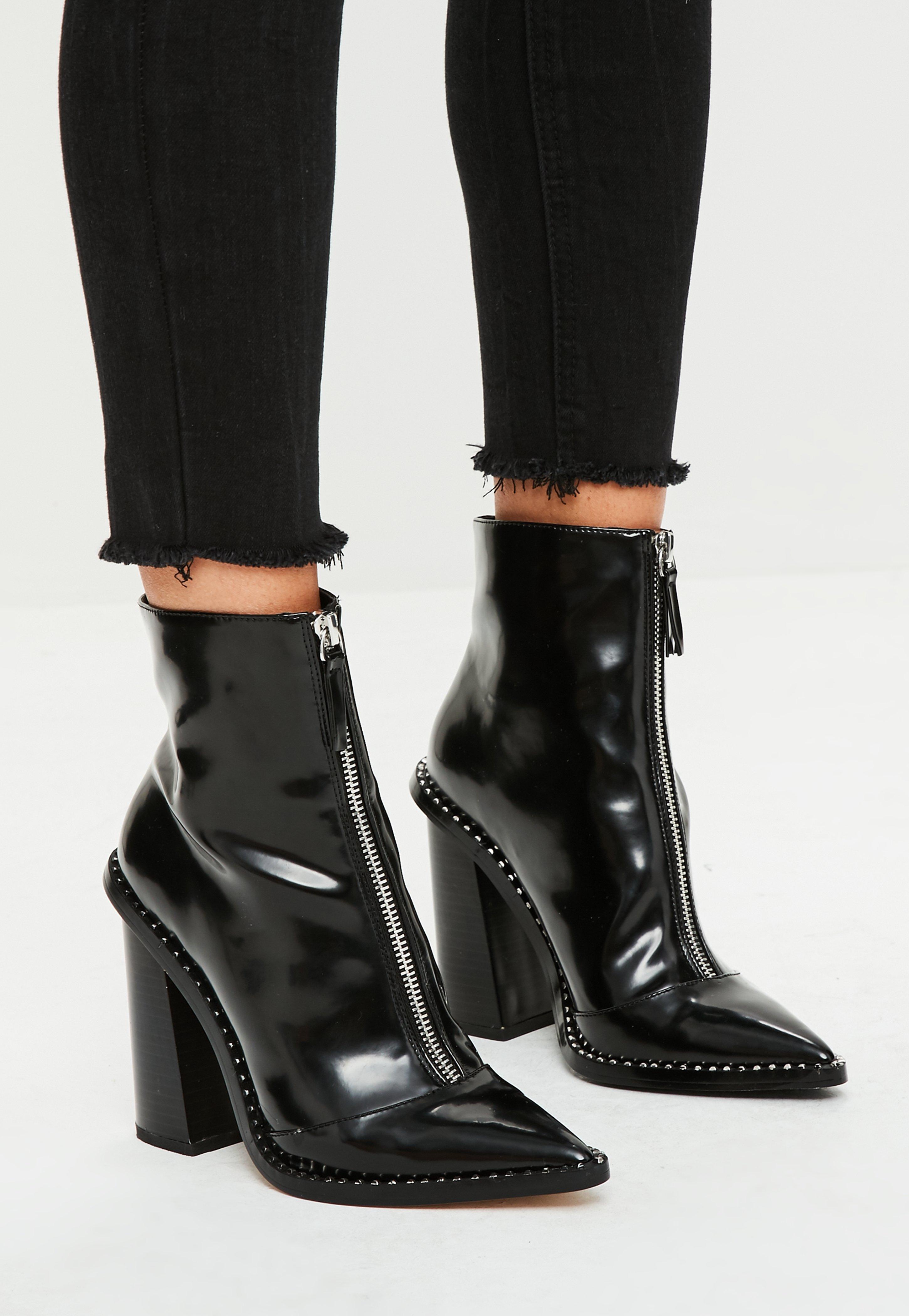 Front Zip Pointed Ankle Boots 