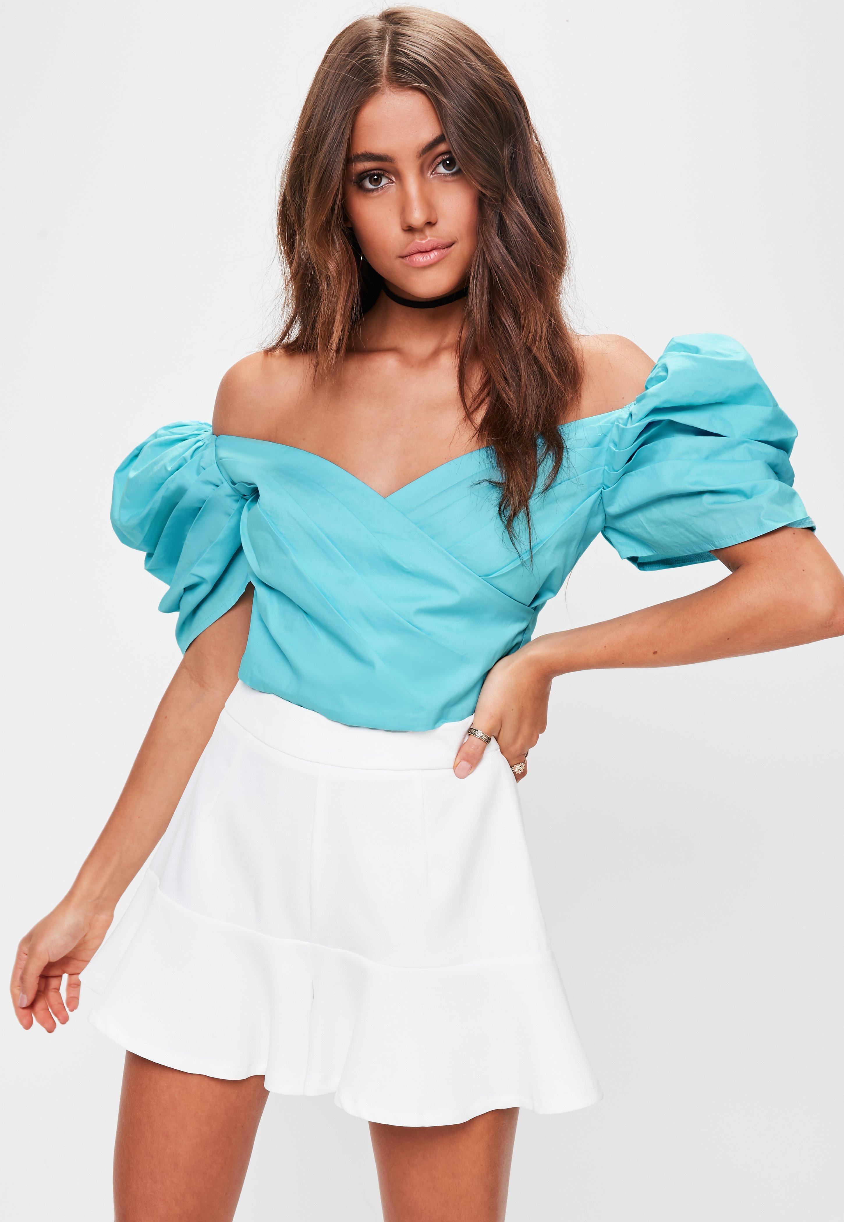 Missguided Blue Puff Sleeve Pleated Crop Top Lyst