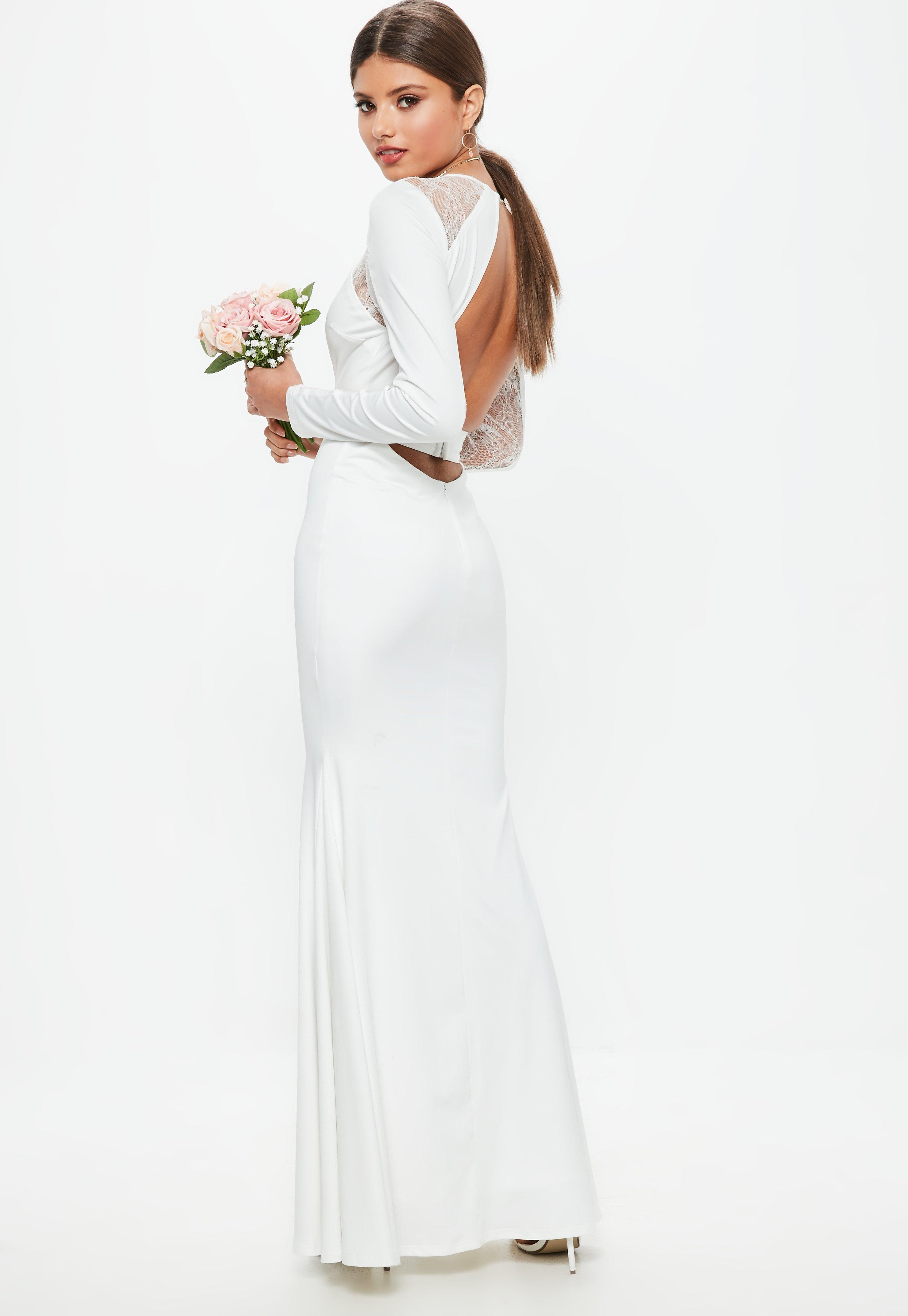 Missguided Bridal White Long Sleeve Plunge Open Back Lace Insert