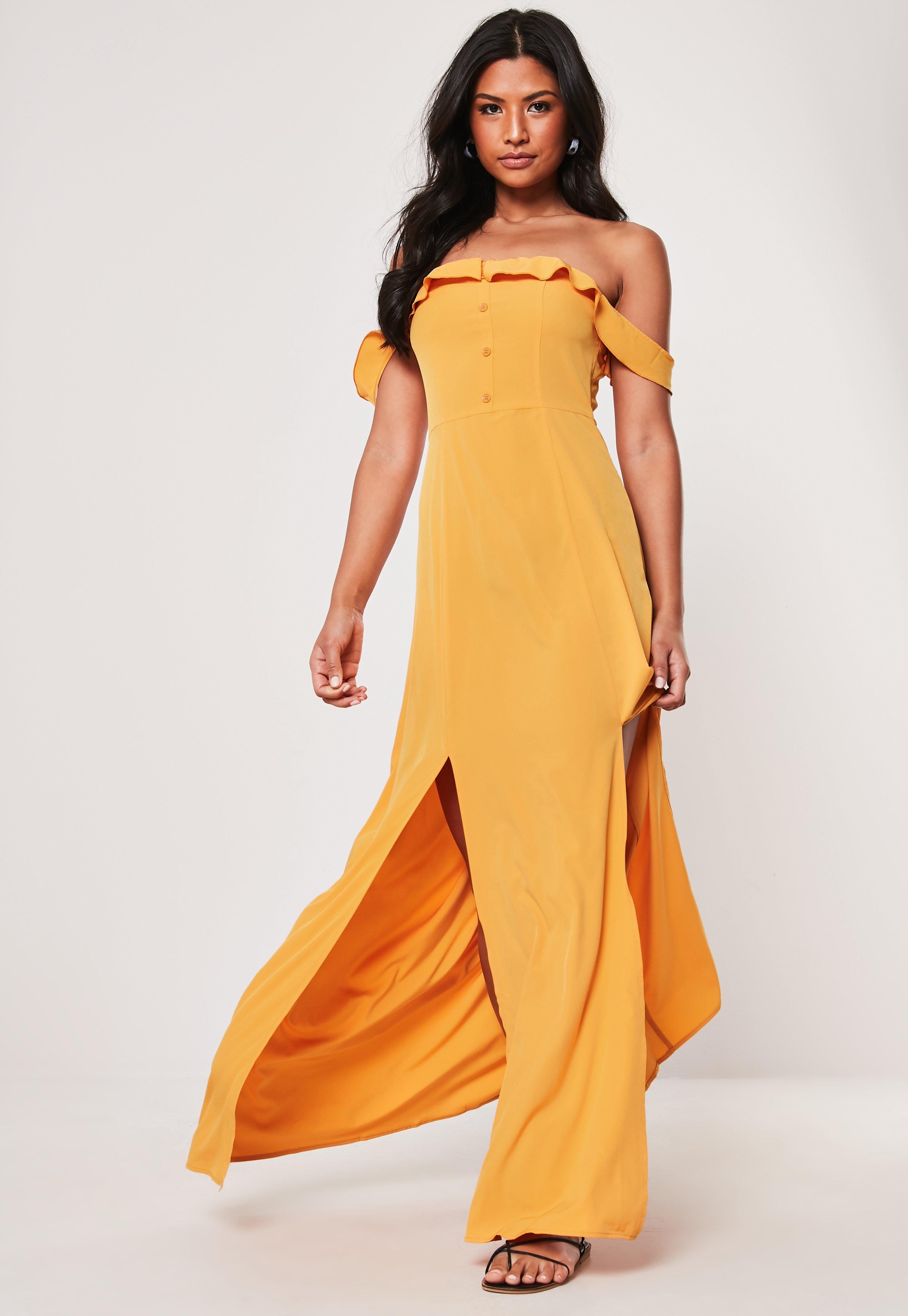mustard bardot maxi dress