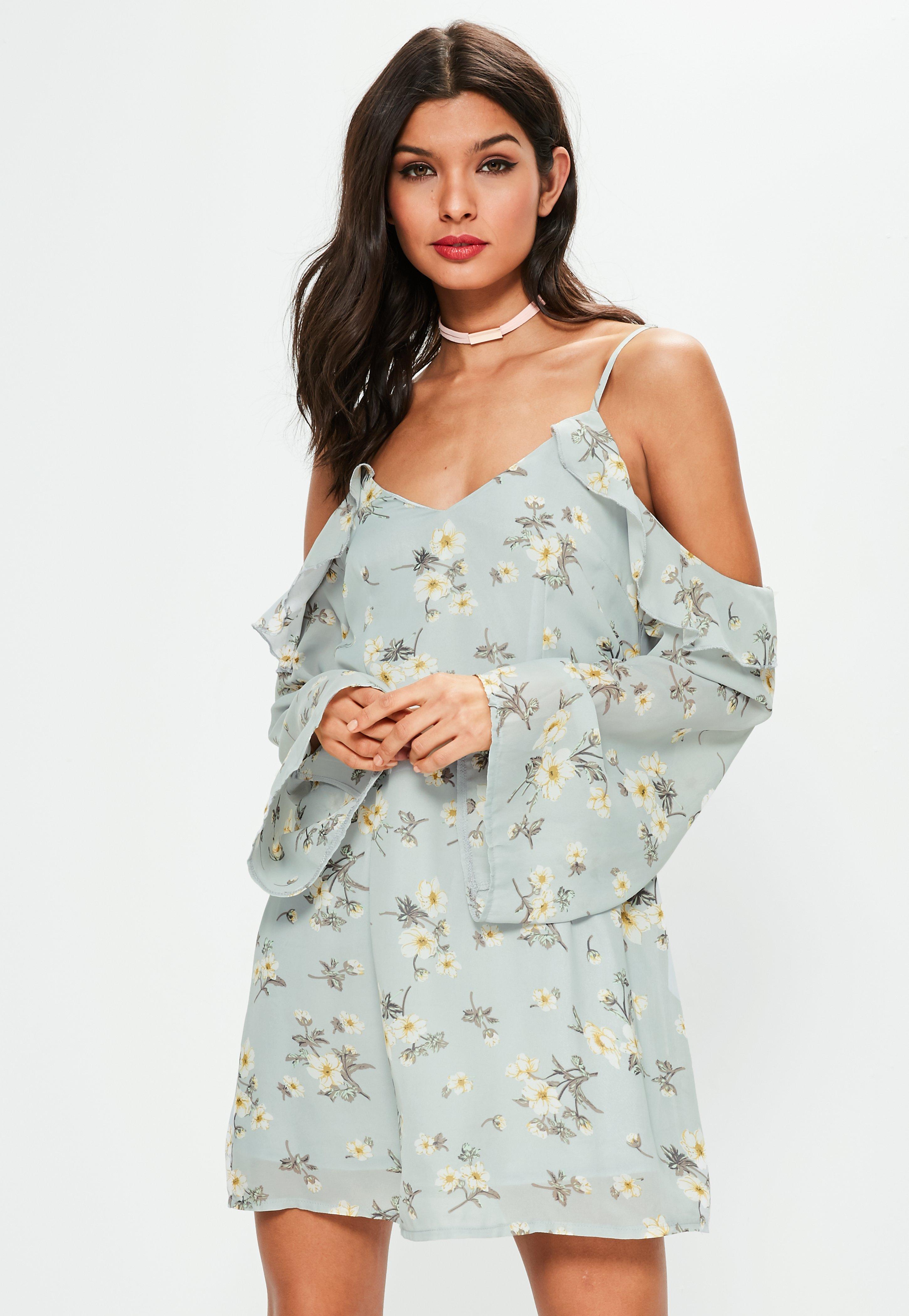 blue floral cold shoulder dress