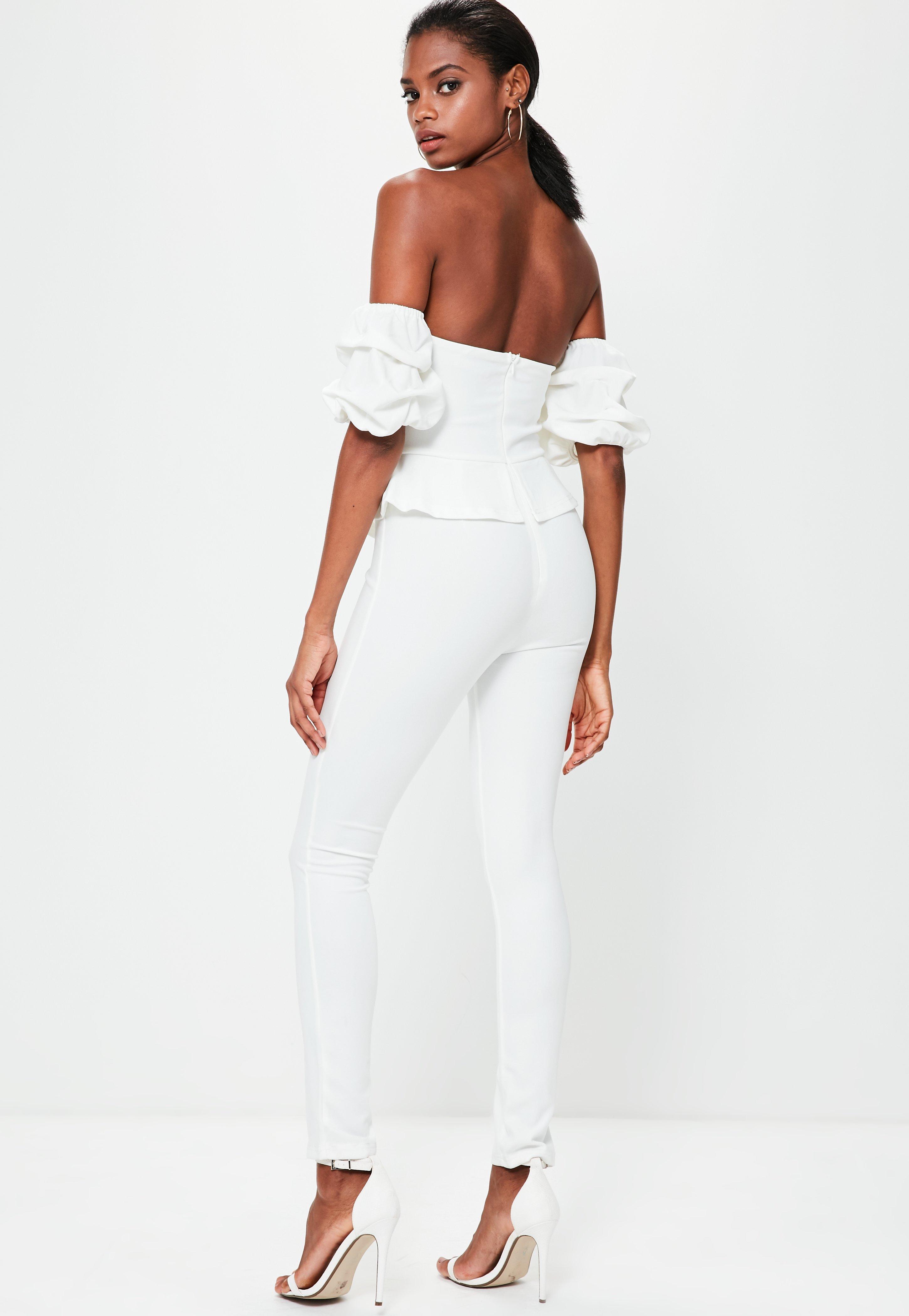 white bardot balloon sleeve corset jumpsuit