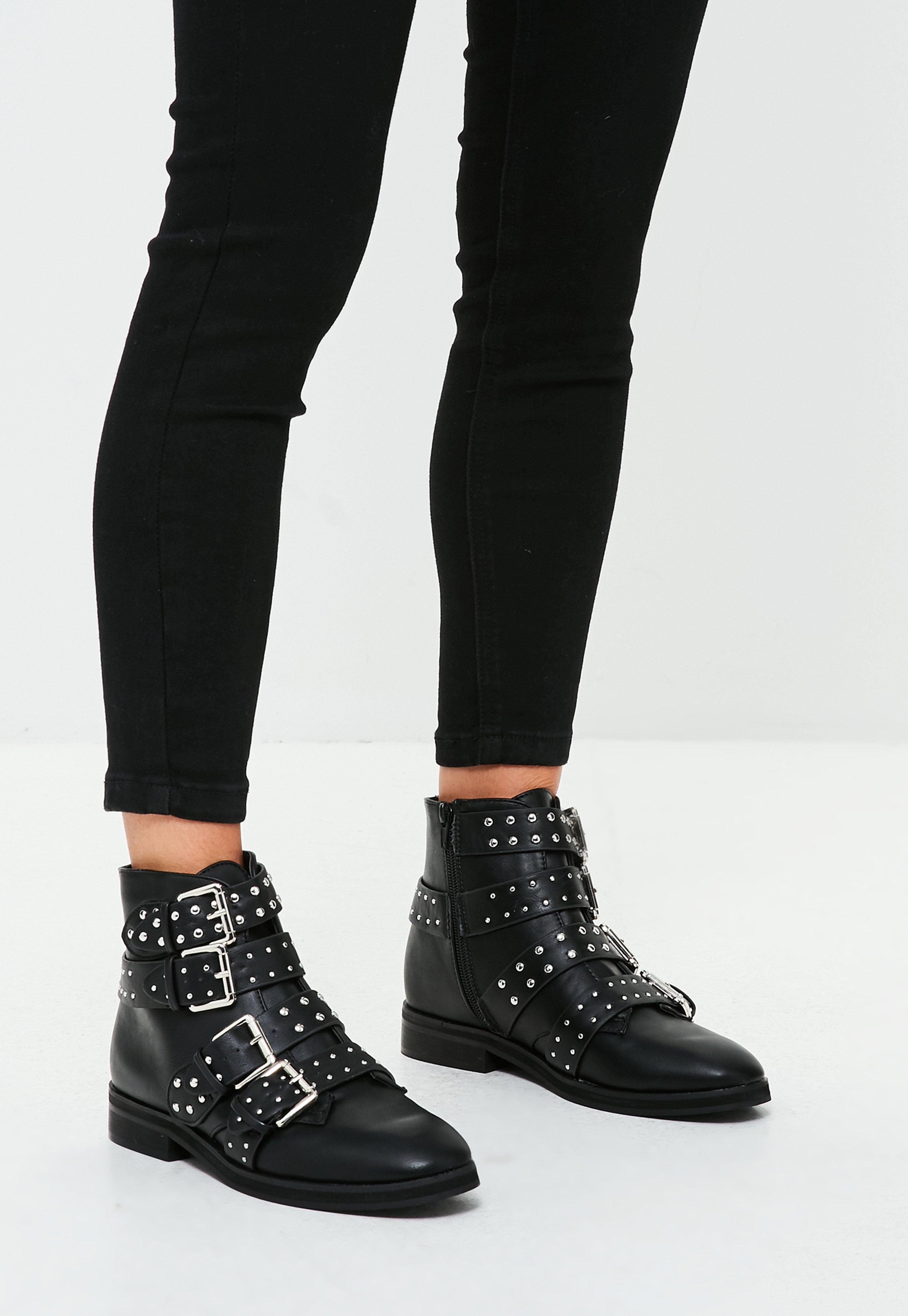 Missguided Black Studded Four Buckle Strap Ankle Boots - Lyst