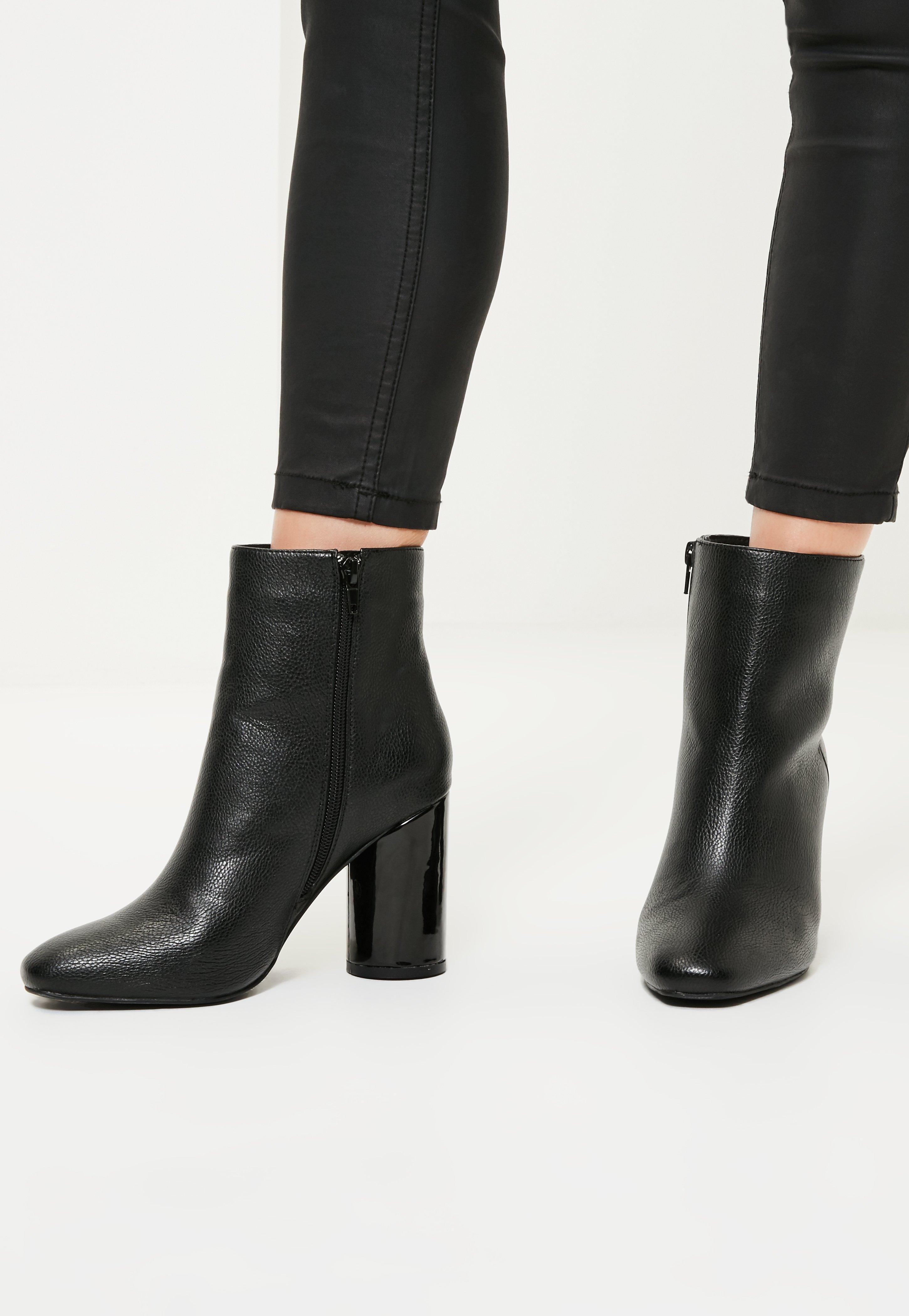 black leather block heel booties