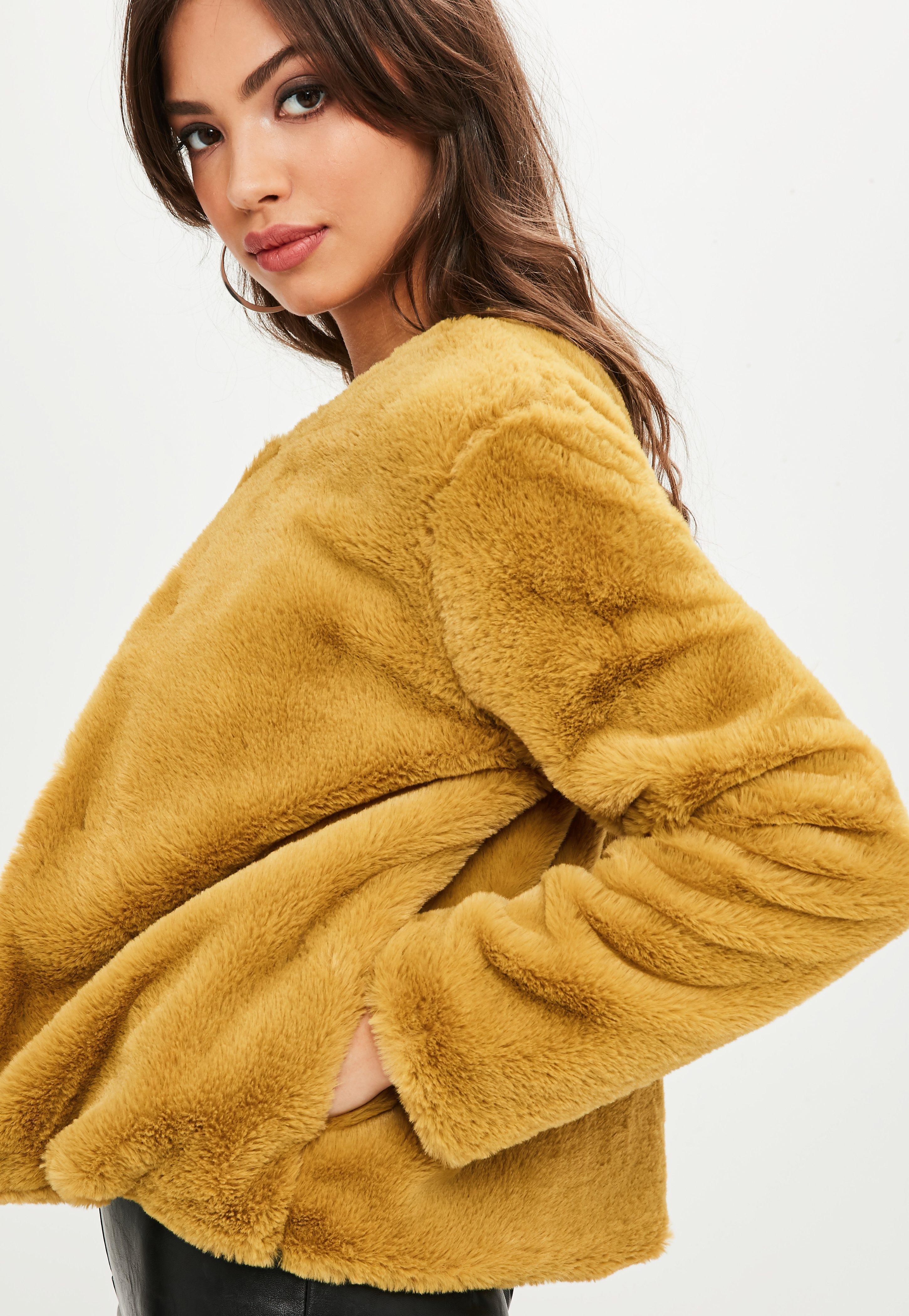Missguided Mustard Yellow Short Faux Fur Jacket - Lyst