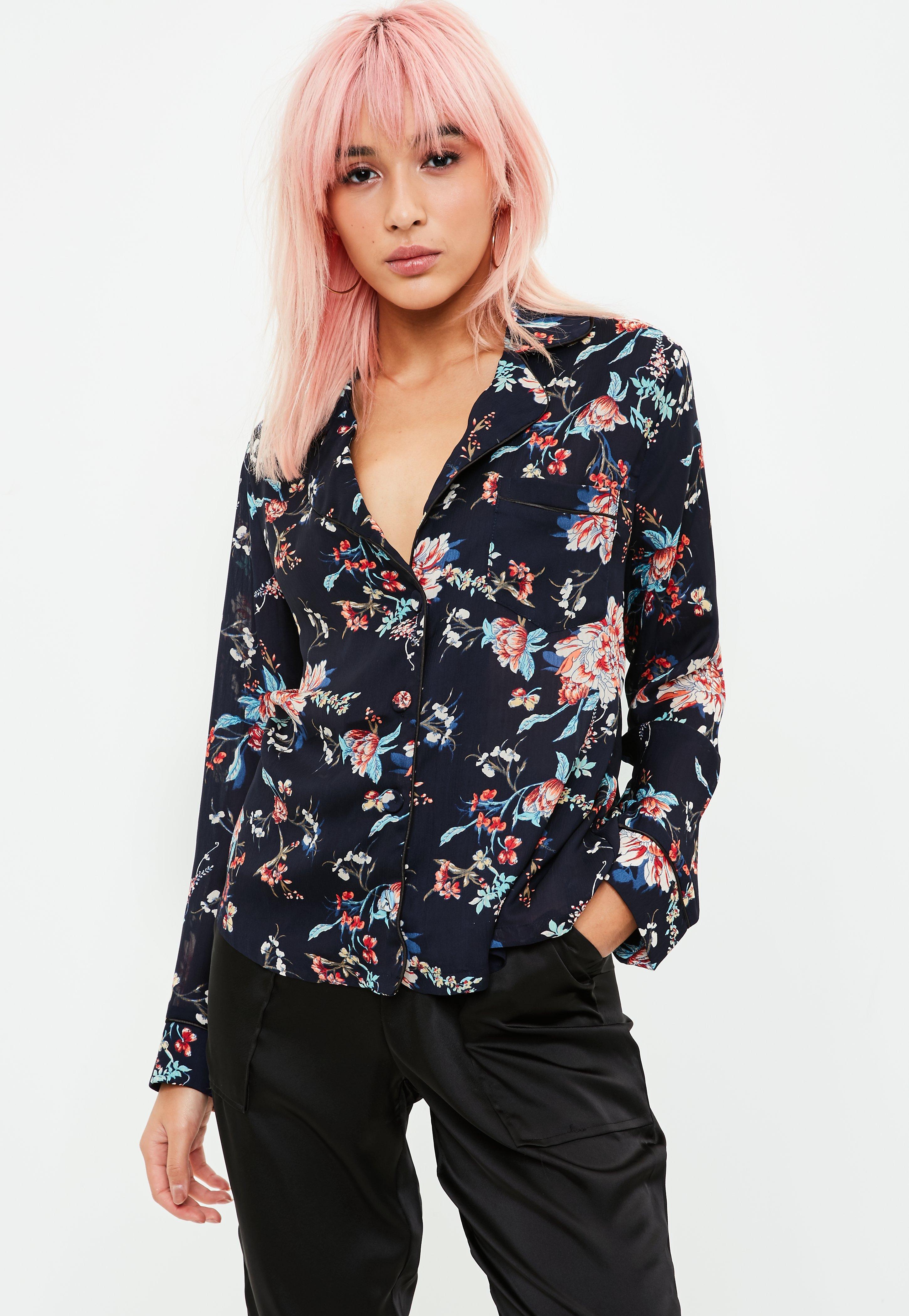Lyst - Missguided Navy Floral Print Pajamas Shirt in Blue