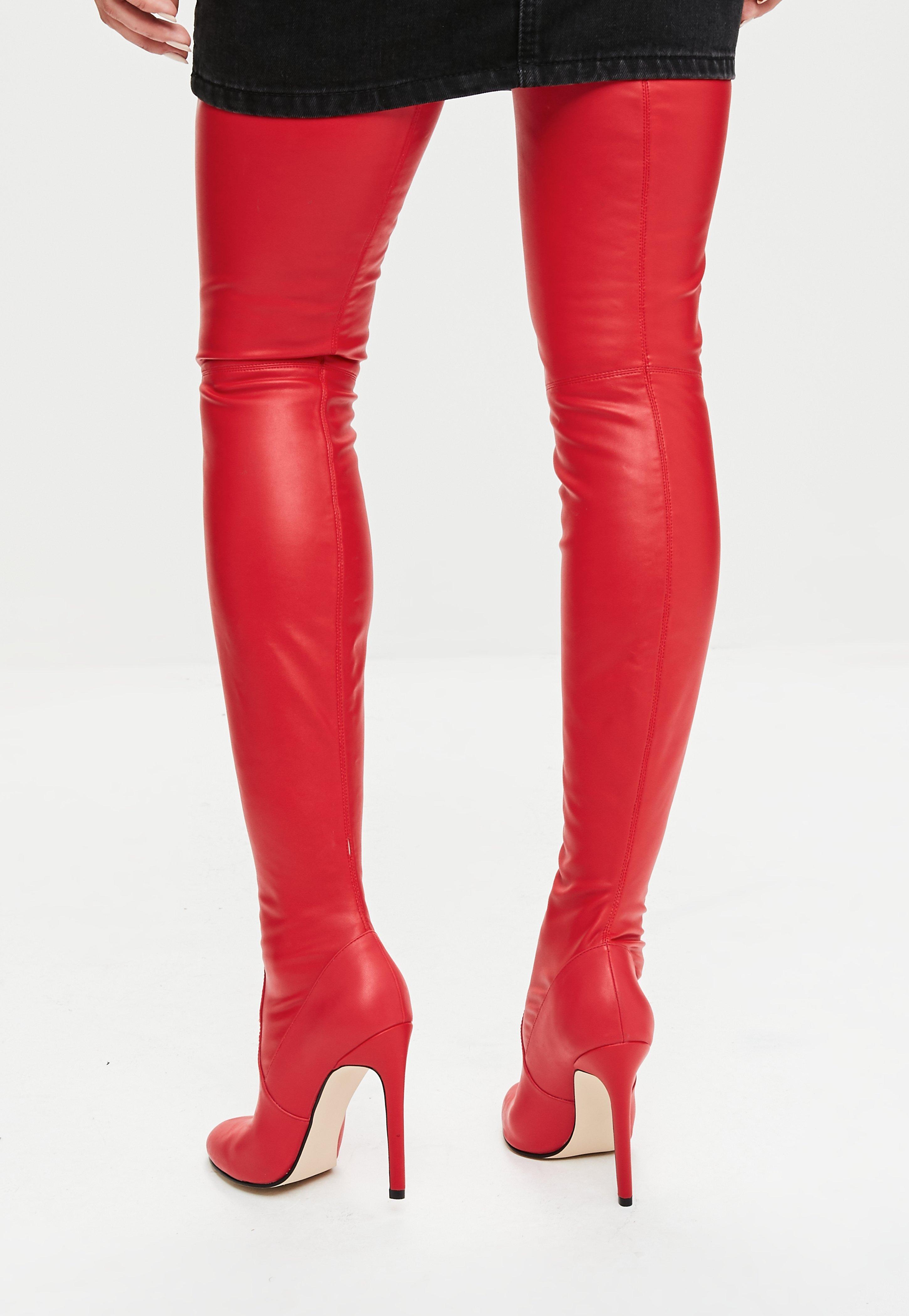 Missguided Red Rounded Toe Thigh High Faux Leather Boots - Lyst