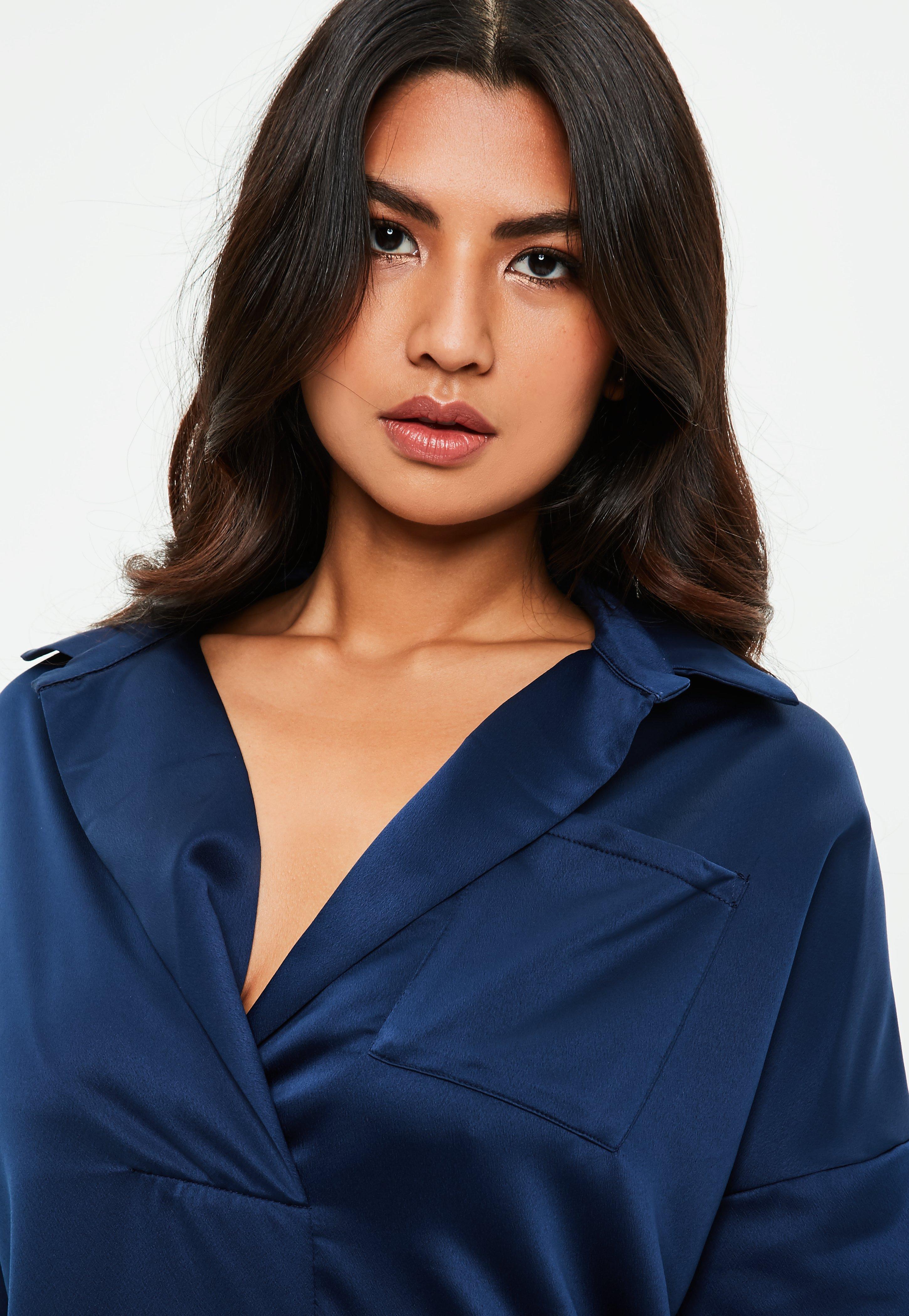 Missguided Navy Satin Shirt Dress in ...