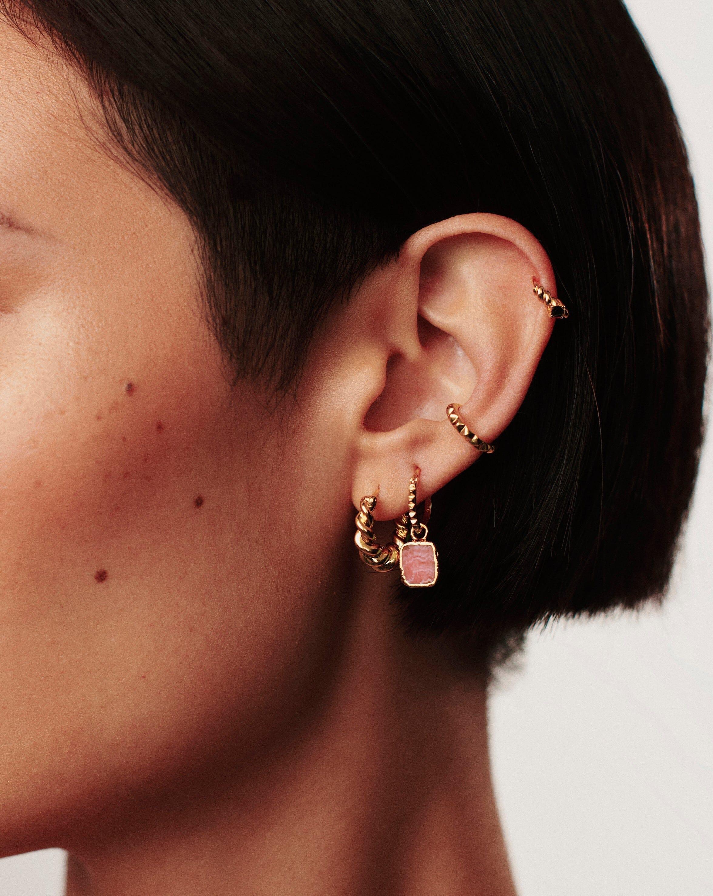 rhodochrosite gold mini pyramid charm hoop earrings