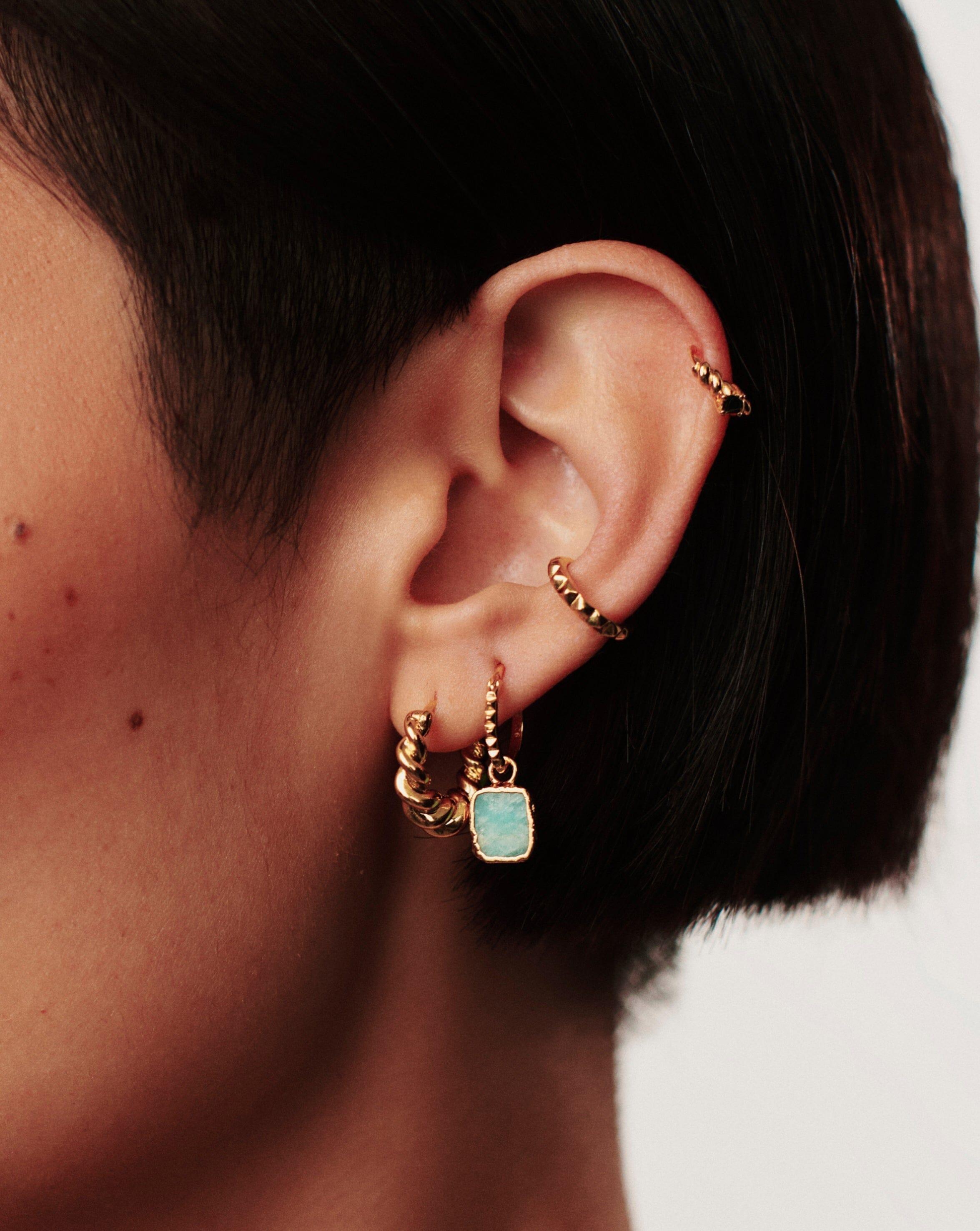 rainbow moonstone gold pyramid charm hoop earrings