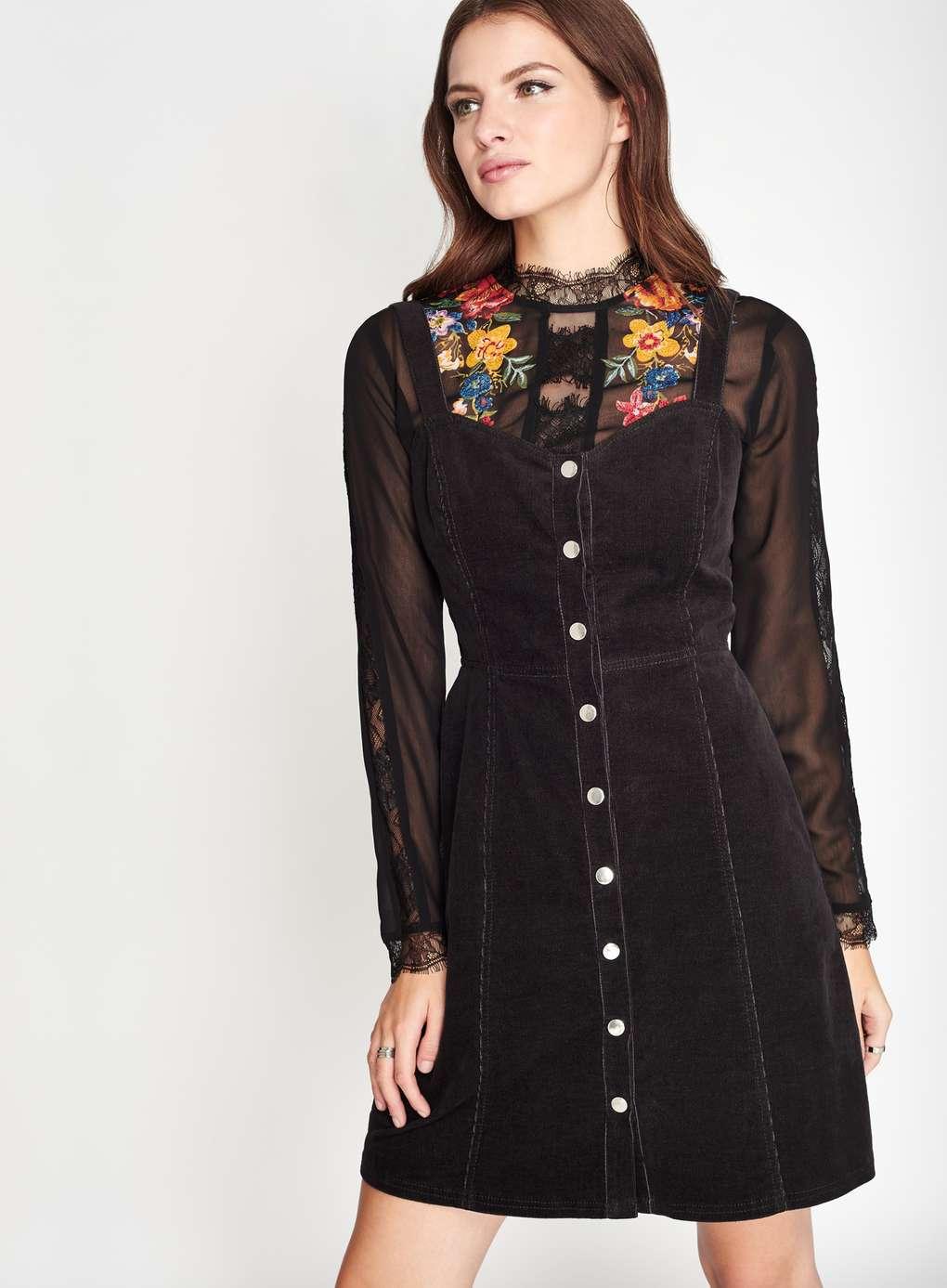 Miss Selfridge Cotton Black Cord Pinny Dress Lyst