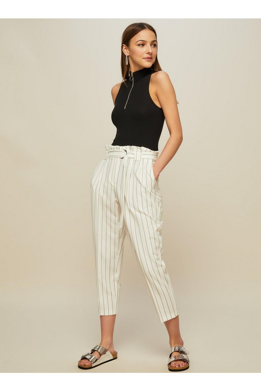 black and white striped paperbag trousers
