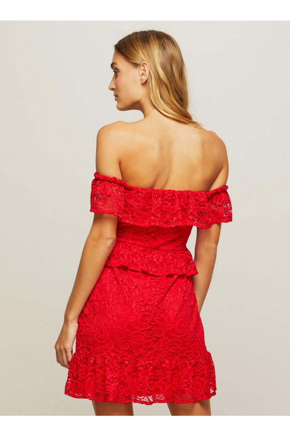red lace bardot dress