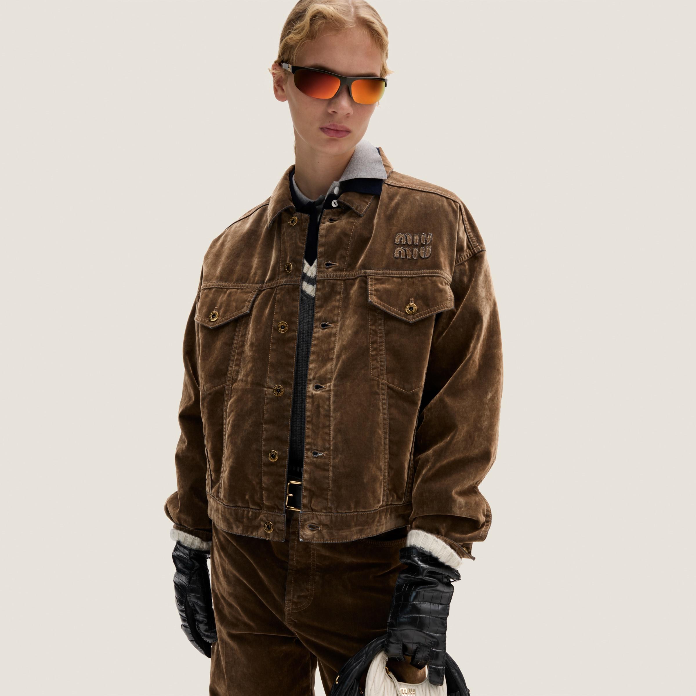 Miu Miu Washed Flocked Chambray Blouson Jacket in Brown | Lyst
