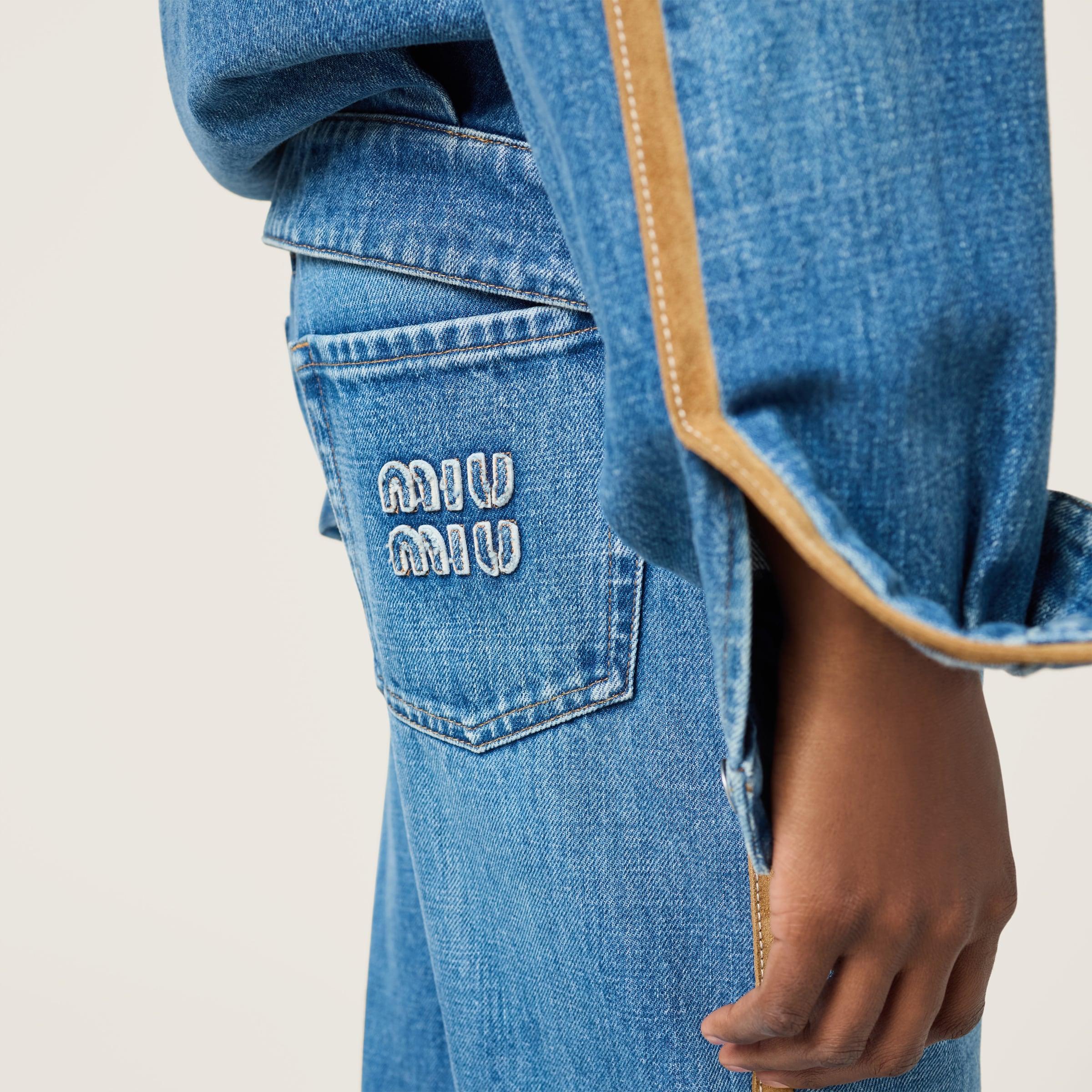 デニム・ジーパン Miu Miu Jeans with leather inserts Miu Miu Denim And Leather Jeans in Blue | Lyst