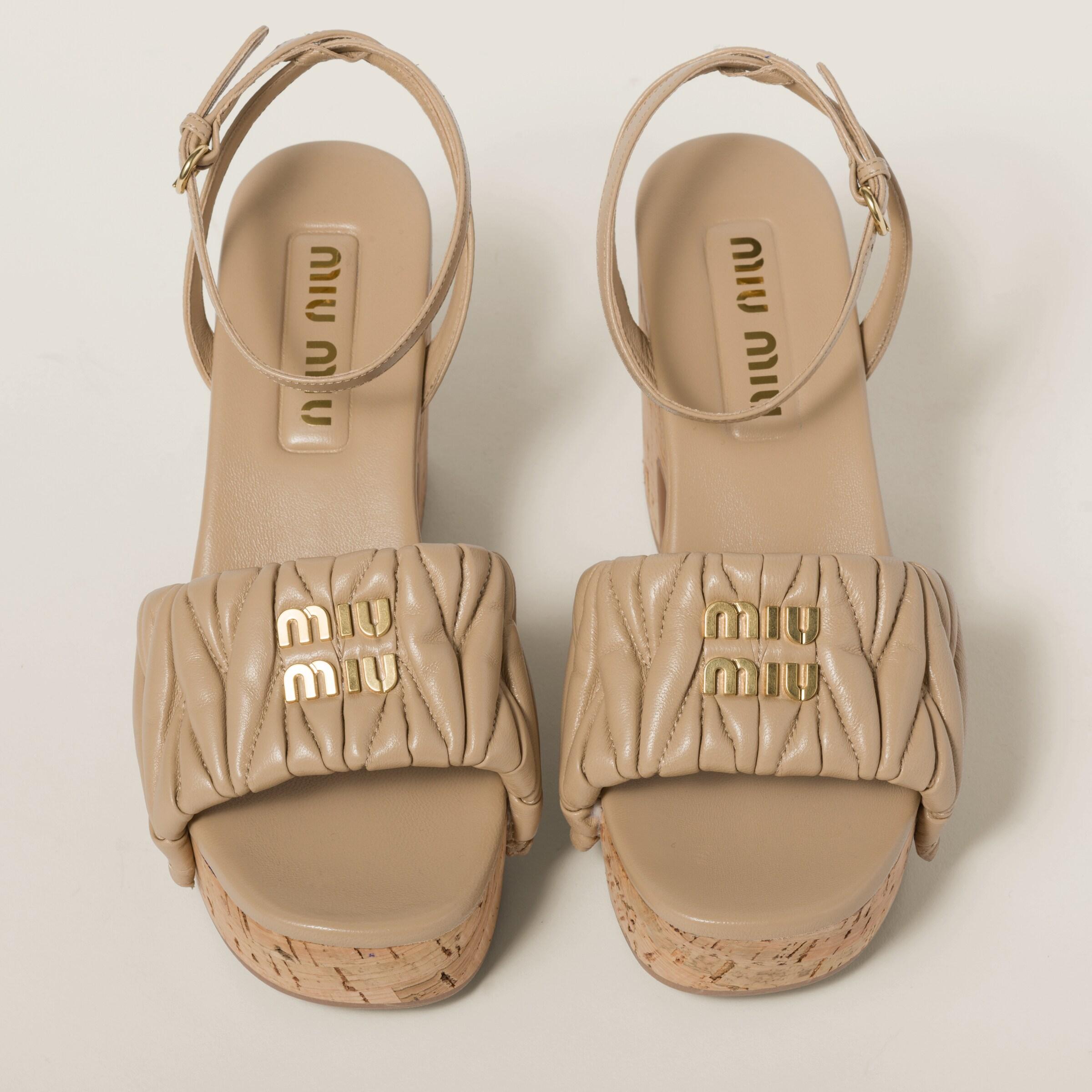Miu Miu Matelassé Nappa Leather Cork Heel Sandals in