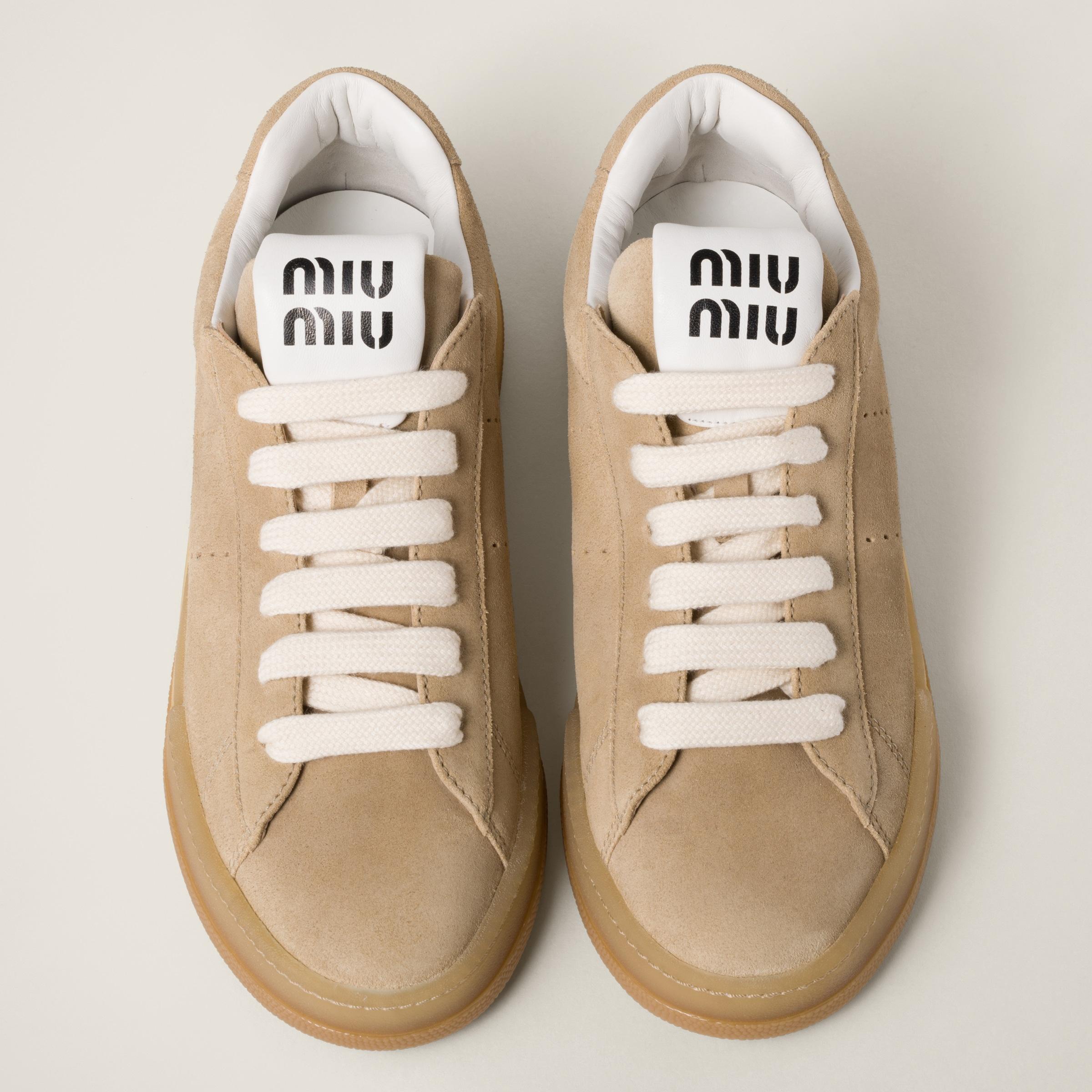 Miu Miu Bleached Suede Sneakers in Natural | Lyst