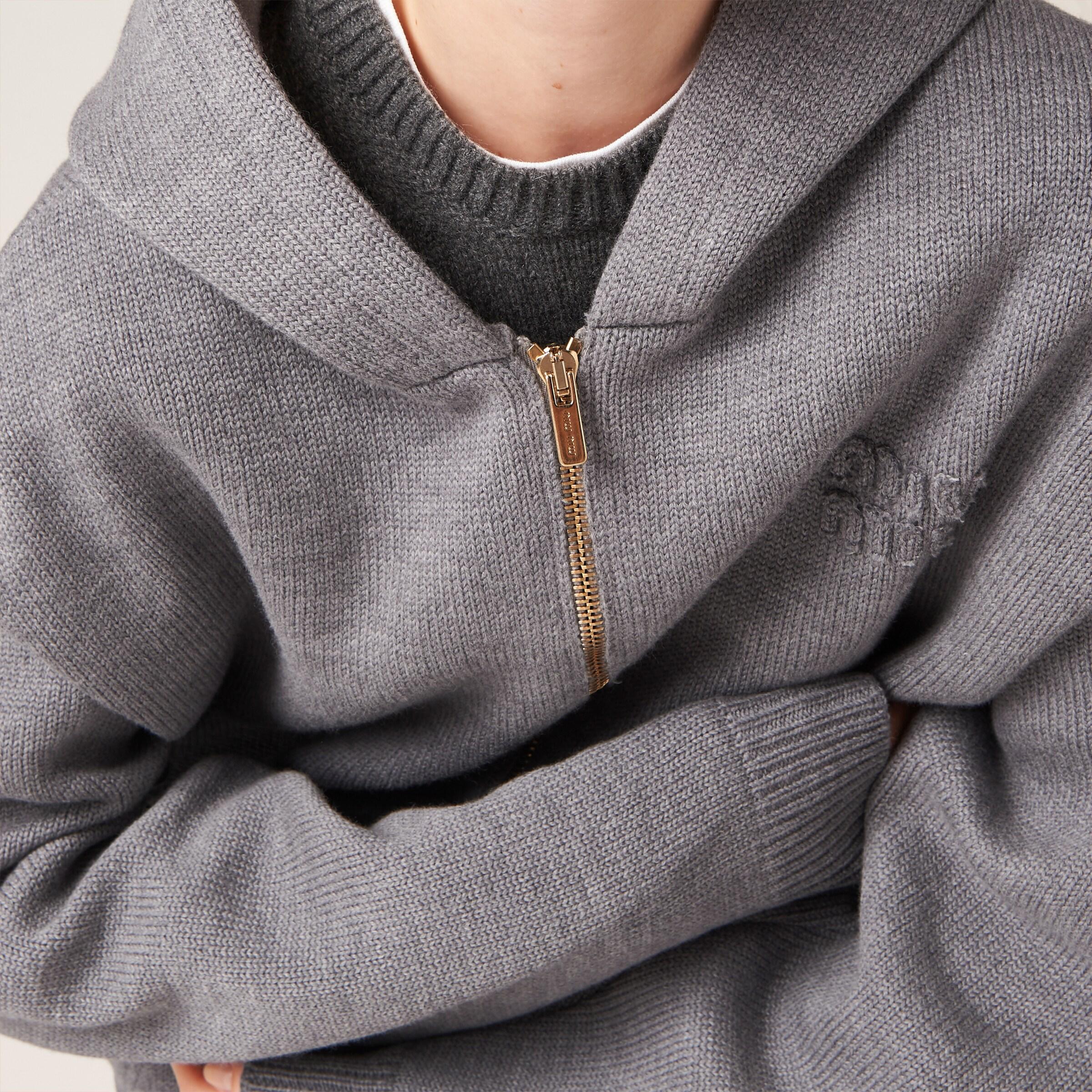Miu Miu Wool And Nylon Knit Hoodie in Grey | Lyst UK