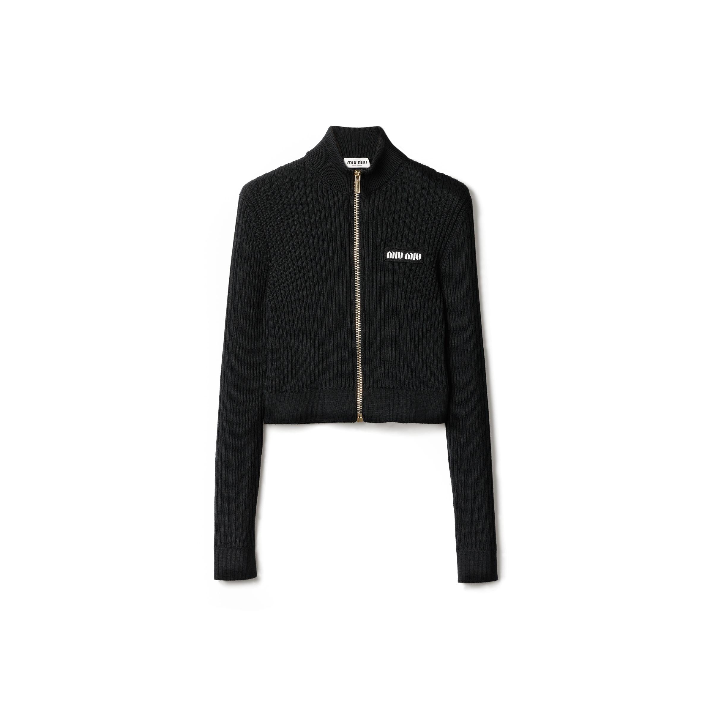 Miu Miu Ribbed Wool Zip-Up Cardigan in Black | Lyst